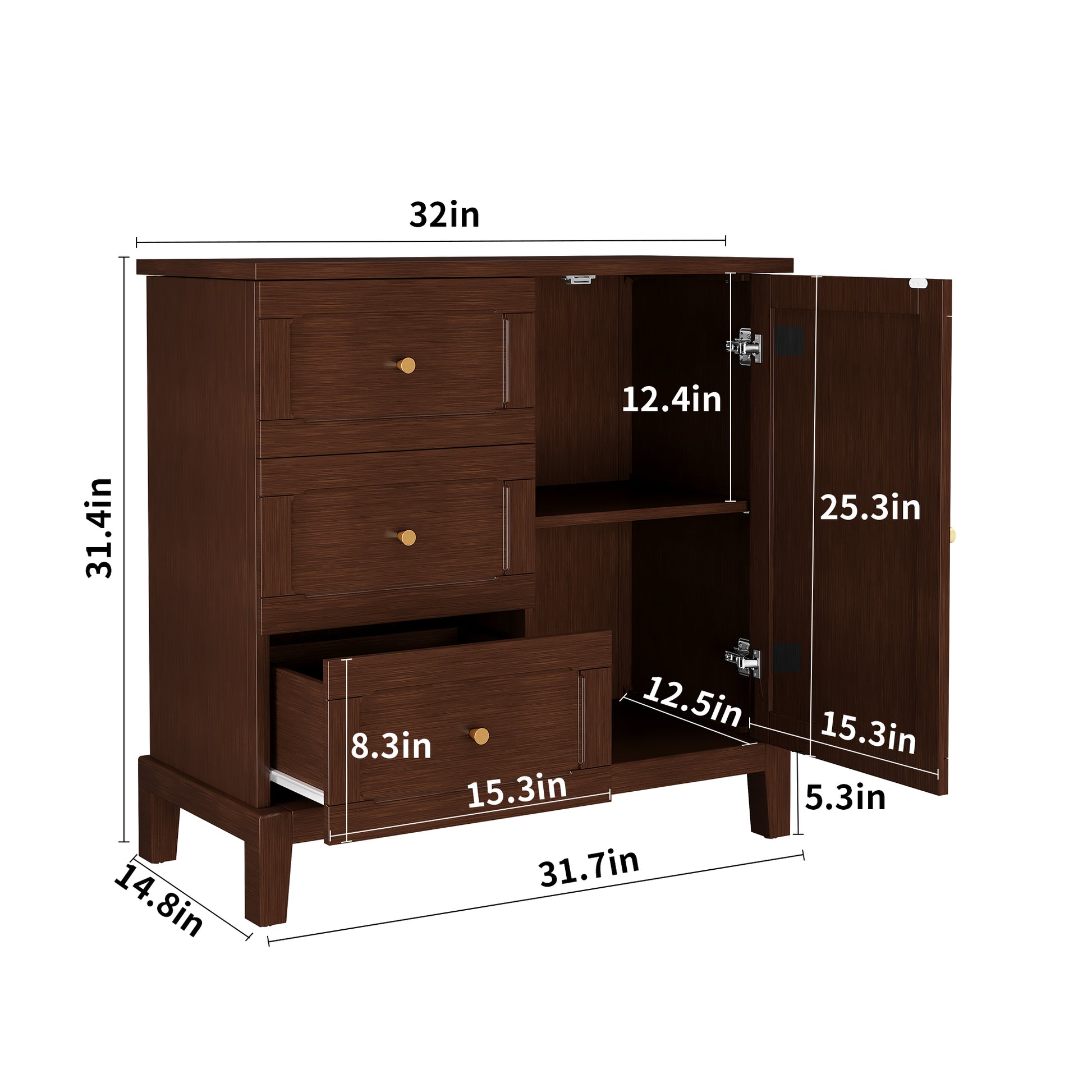 HLR Modern 32"W Accent Cabinet 3 Drawers & Door, Wood Sideboard with Storage for Living Room, Brown