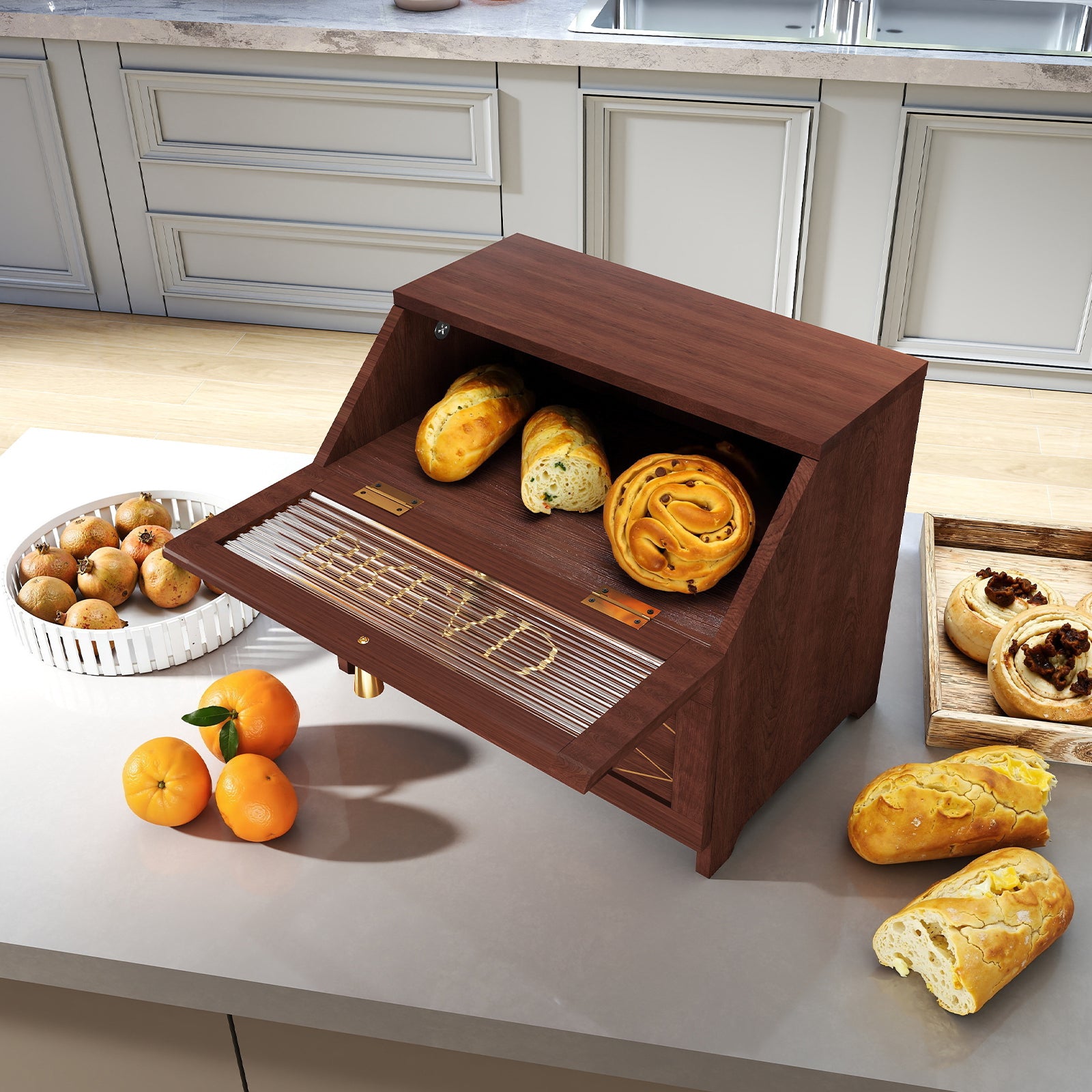 HLR Large Bread Box, Wood 2-layer Bread Box Storage for Kitchen Counter, with Bar Pattern Windows, Brown