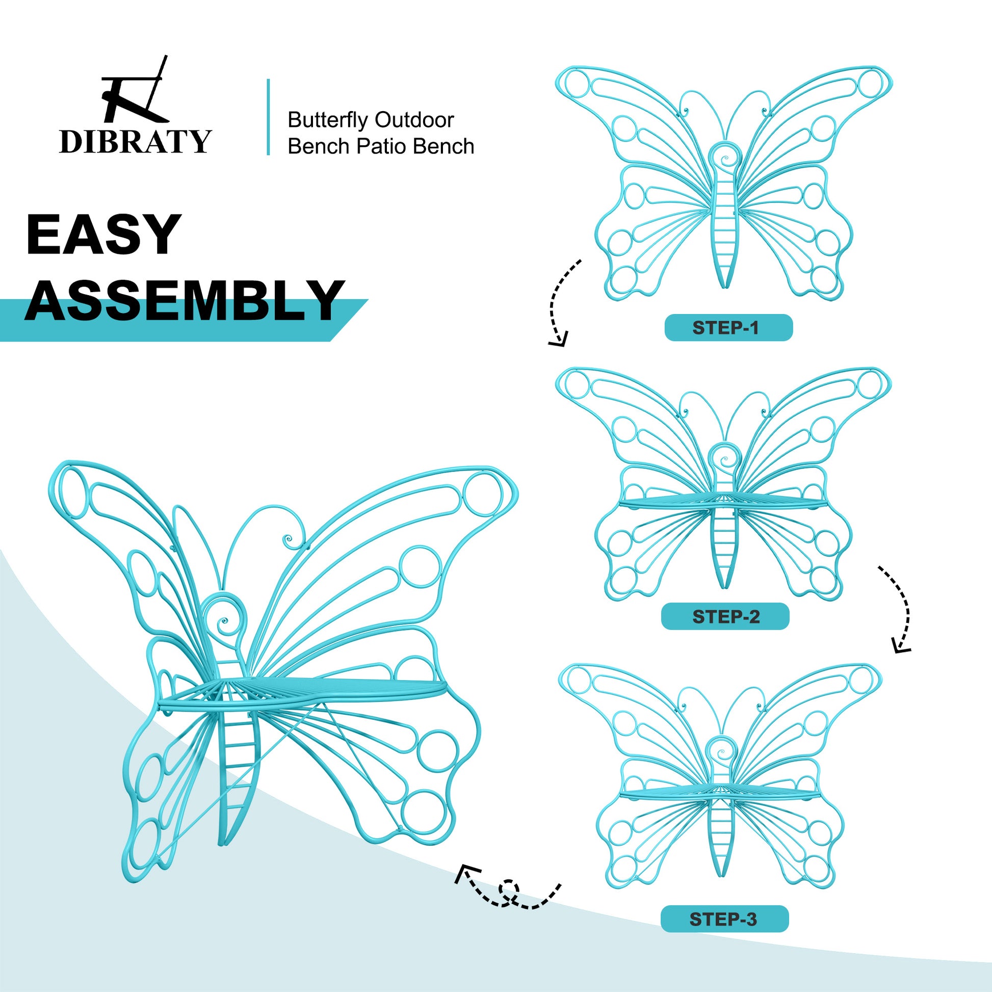 CBJCBJ 50" Weatherproof Outdoor Patio Bench，Metal Butterfly Design for Garden and Lawn Porch， Blue