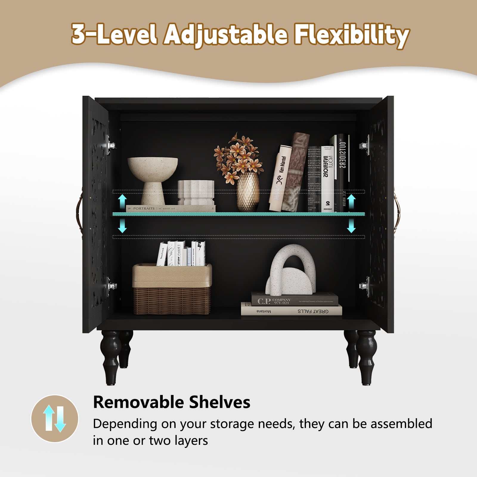 CBJCBJ 31.5" Mid Century Retro Sideboard Buffet Cabinet 2 Door, Accent Cabinet for Dining Room, Black