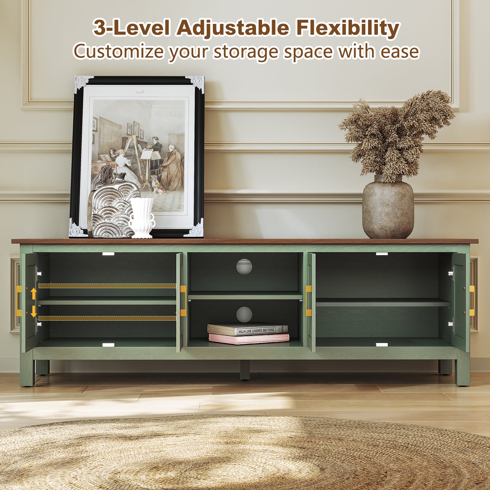 HLR® Farmhouse 63" TV Stand, for TVs up to 70", Living Room Wooden Entertainment Center with Storage