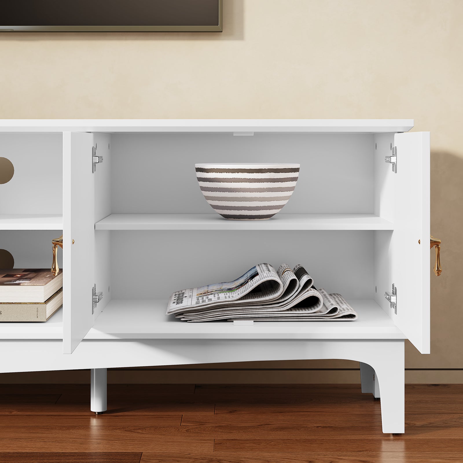 HLR Modern 67" TV Stand, for TVs up to 75", Entertainment Center with Curved Base for Living Room, White