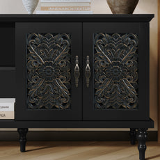 HLR Retro 67" TV Stand, for TVs up to 75", Living Room Entertainment Center with Carved Storage Cabinet, Black