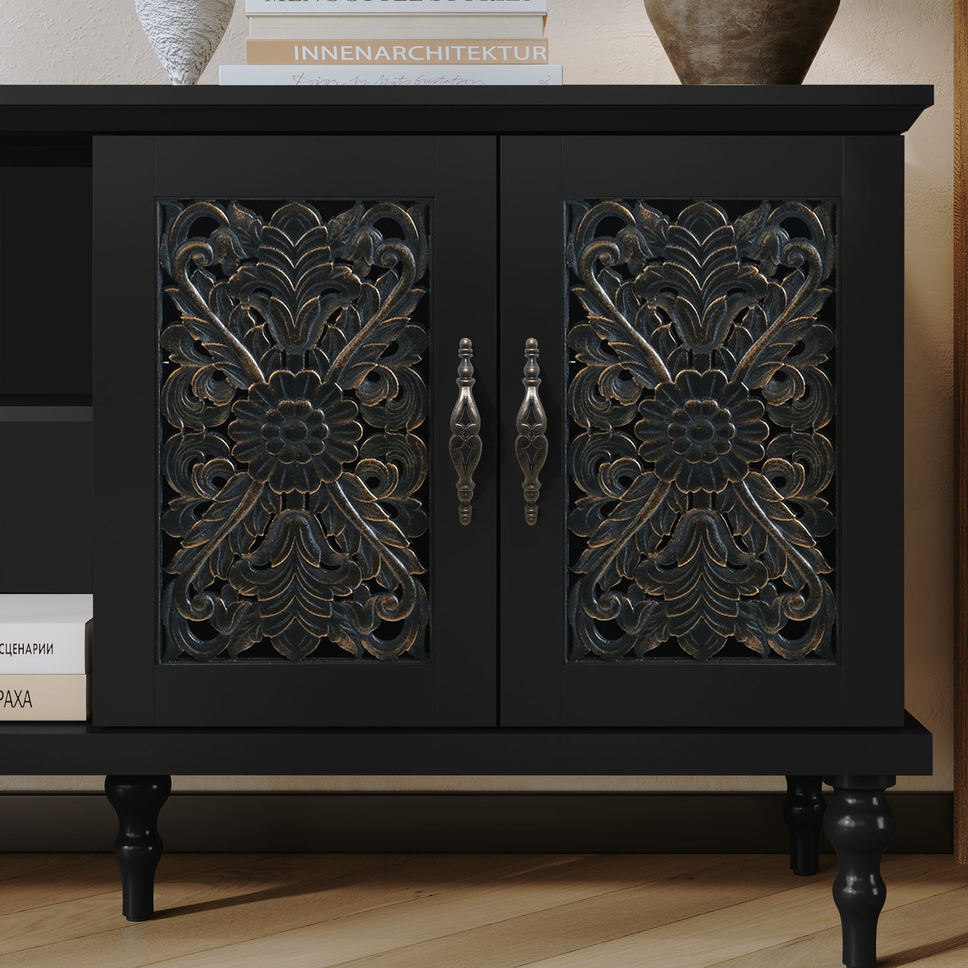 HLR Retro 67" TV Stand, for TVs up to 75", Living Room Entertainment Center with Carved Storage Cabinet, Black