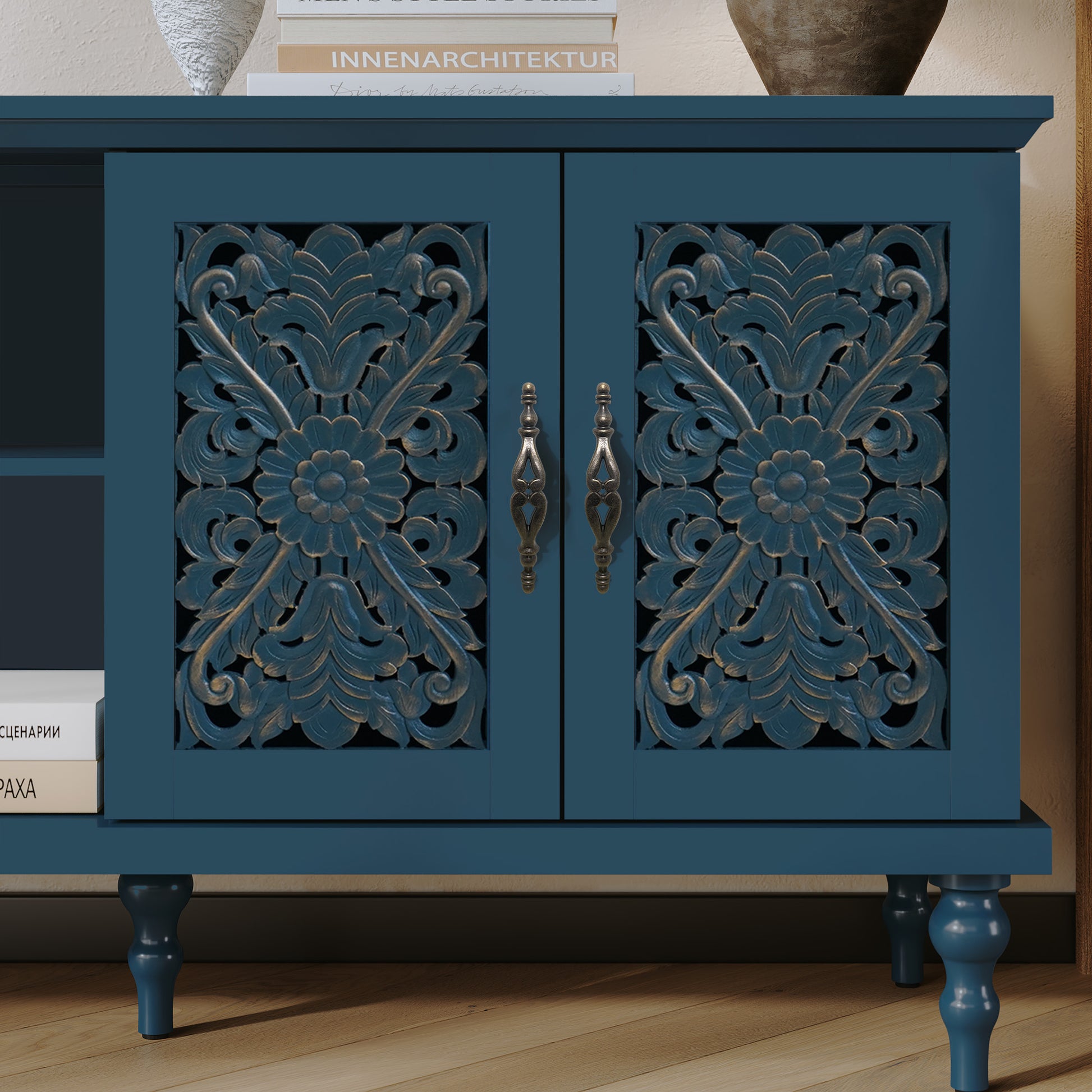 HLR Retro 67" TV Stand, for TVs up to 75", Living Room Entertainment Center with Carved Storage Cabinet, Blue