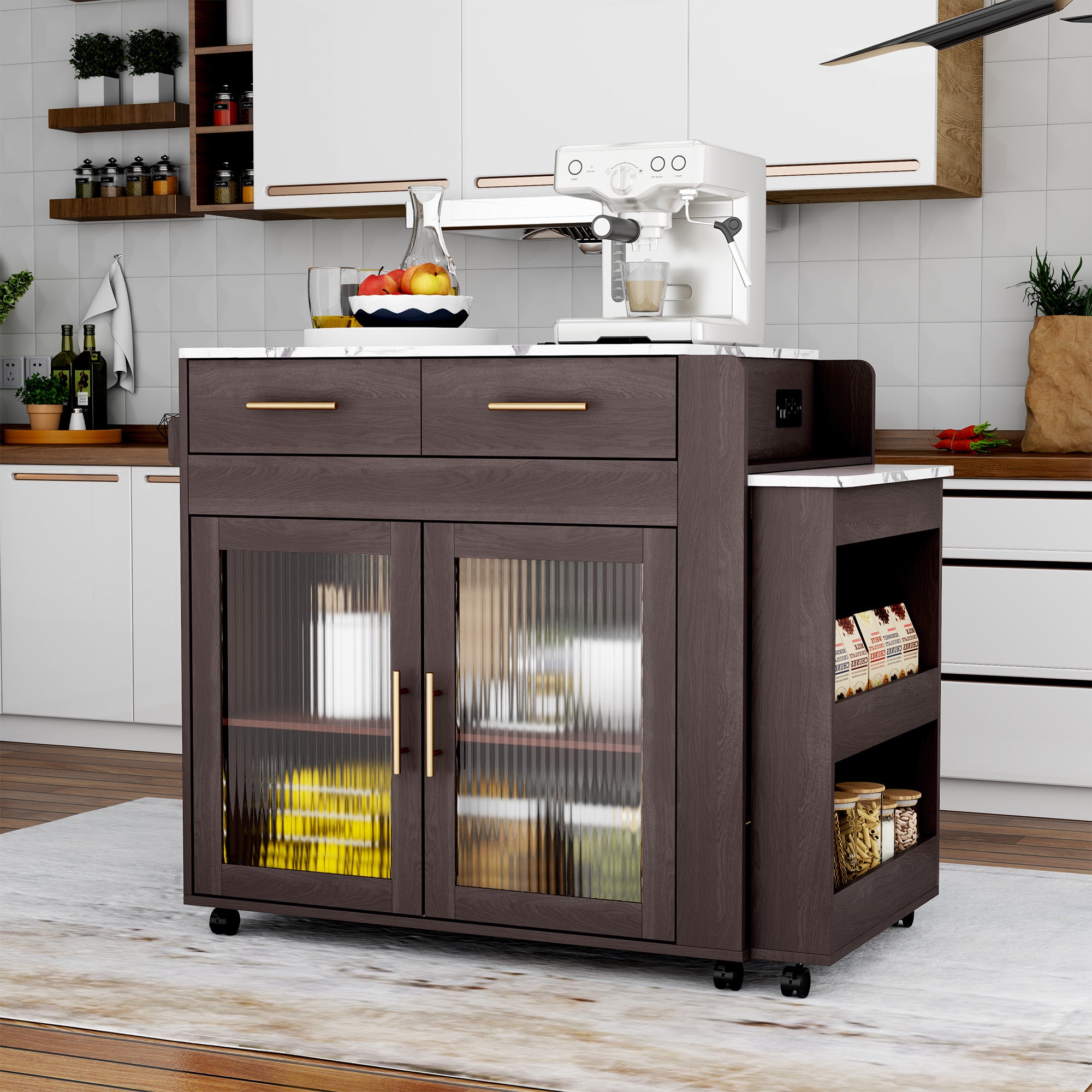 CBJCBJ Kitchen Island with Storage | Expandable Retractable on Wheels 71.65" L| Space-Saving of Island Cart Brown