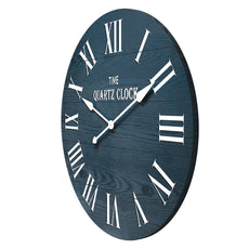 HLR 35.5” Farmhouse Large Shiplap Round Wall Clock with Roman Numeral for Living Room Decor, Navy Blue