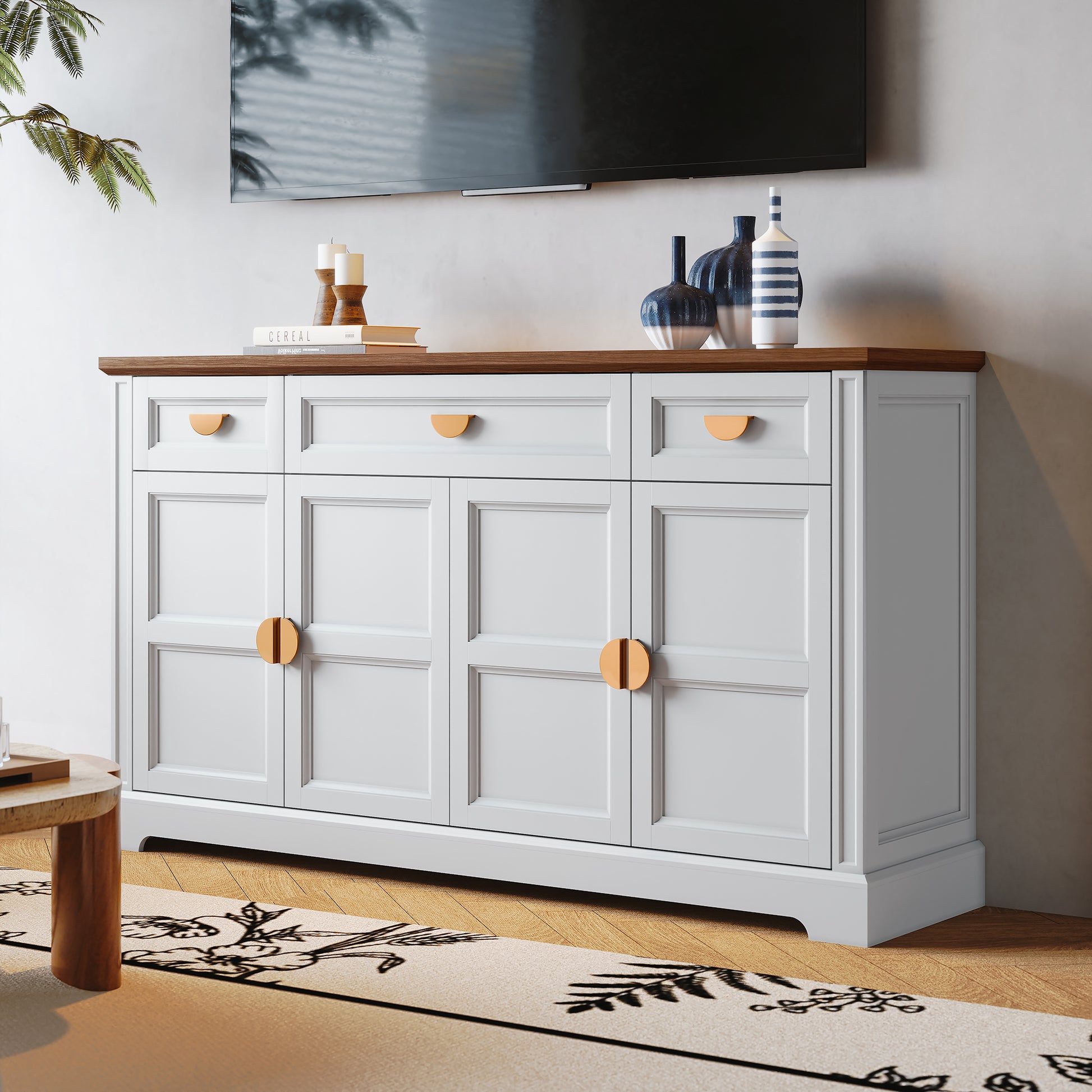 CBJCBJ Modern 60" Large Sideboard Storage Cabinet with Drawers, Farmhouse Wooden Coffee Bar, White