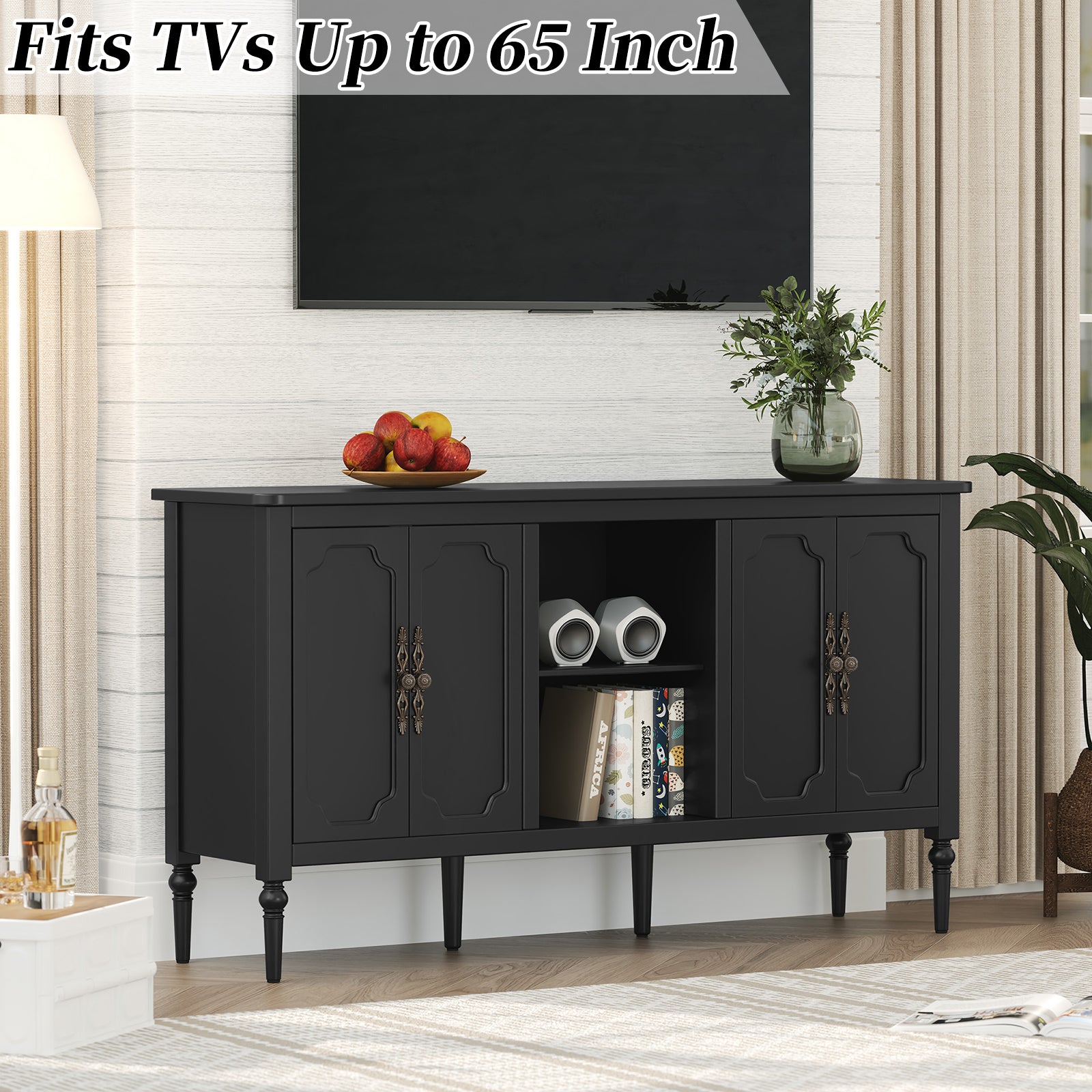 CBJCBJ 59" Mid-Century Storage Cabinet with Adjustable Shelves, Double-Layer Open Design for Living Room & Bedroom, Black