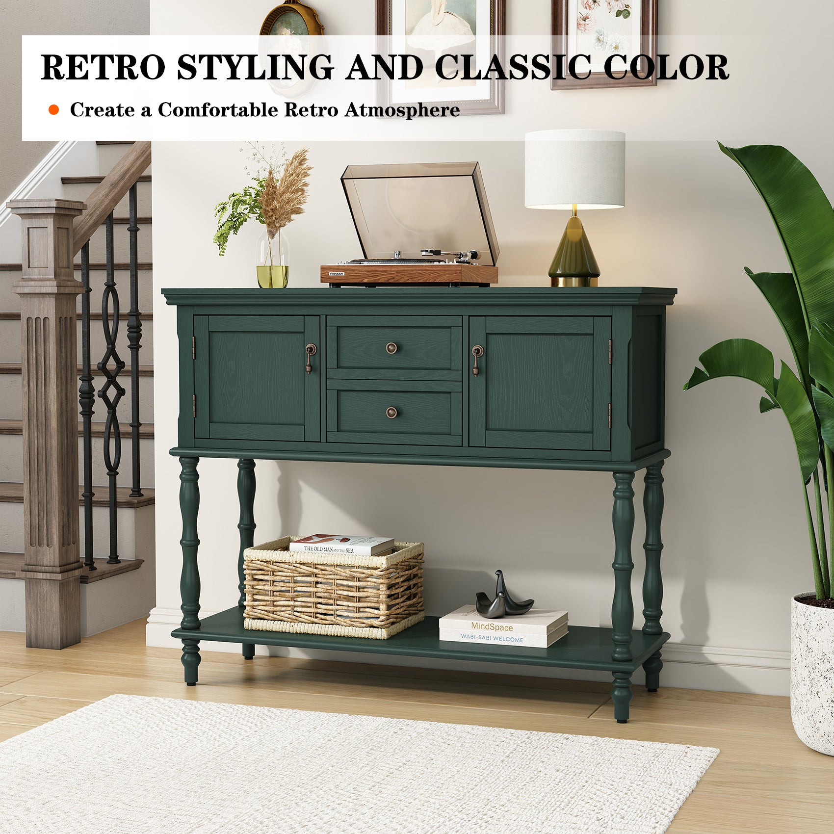 CBJCBJ 42" Farmhouse Console Table , 2 Drawer Narrow Long Entryway Table with Open Storage Shelf , for Living Room, Green