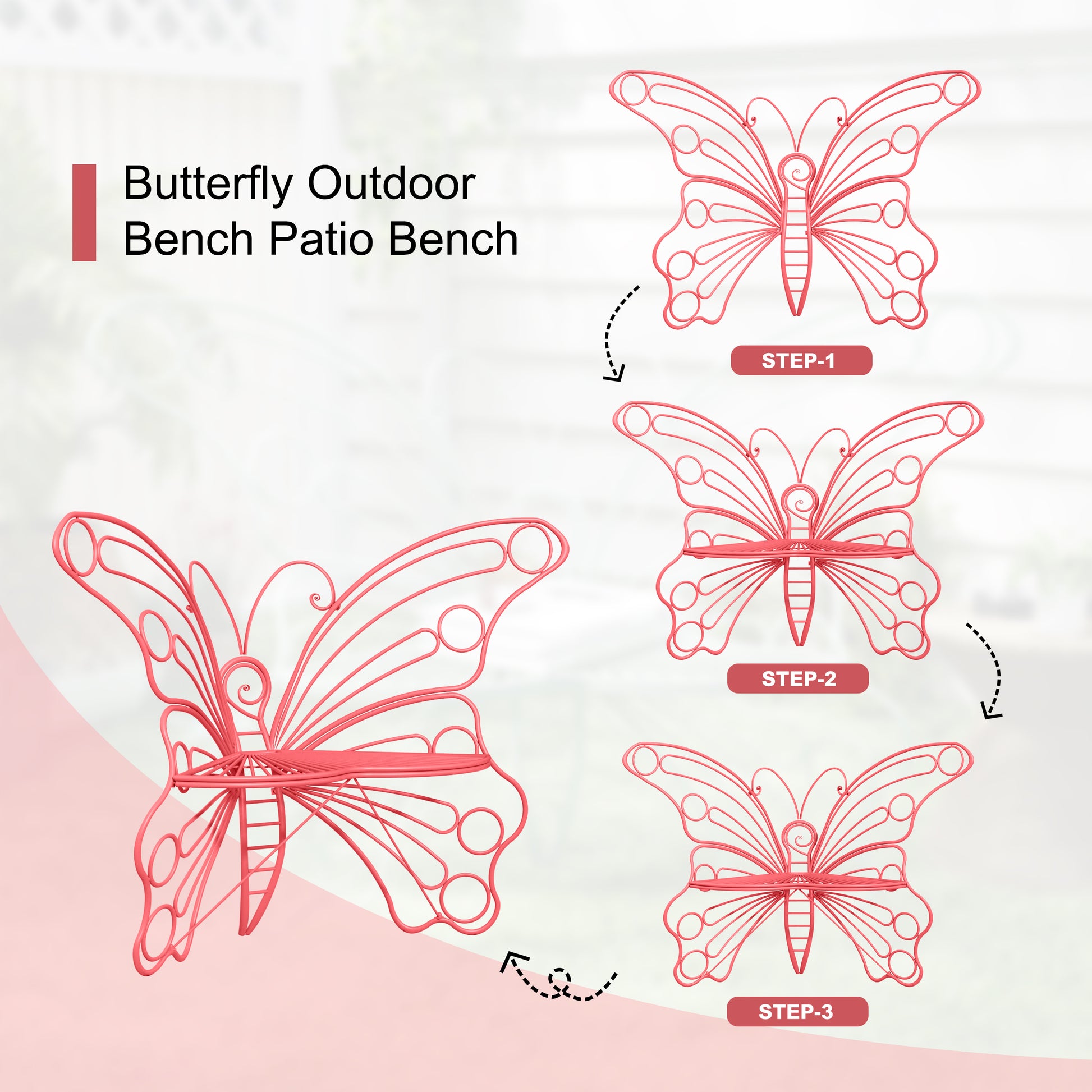 CBJCBJ 50" Weatherproof Outdoor Patio Bench，Metal Butterfly Design for Garden and Lawn Porch， Pink
