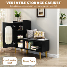 CBJCBJ Modern Storage Bench with Glass Door & Shelf - L-Shaped Entryway Cabinet, Padded Seat for Hallway/Bedroom/Office, Black