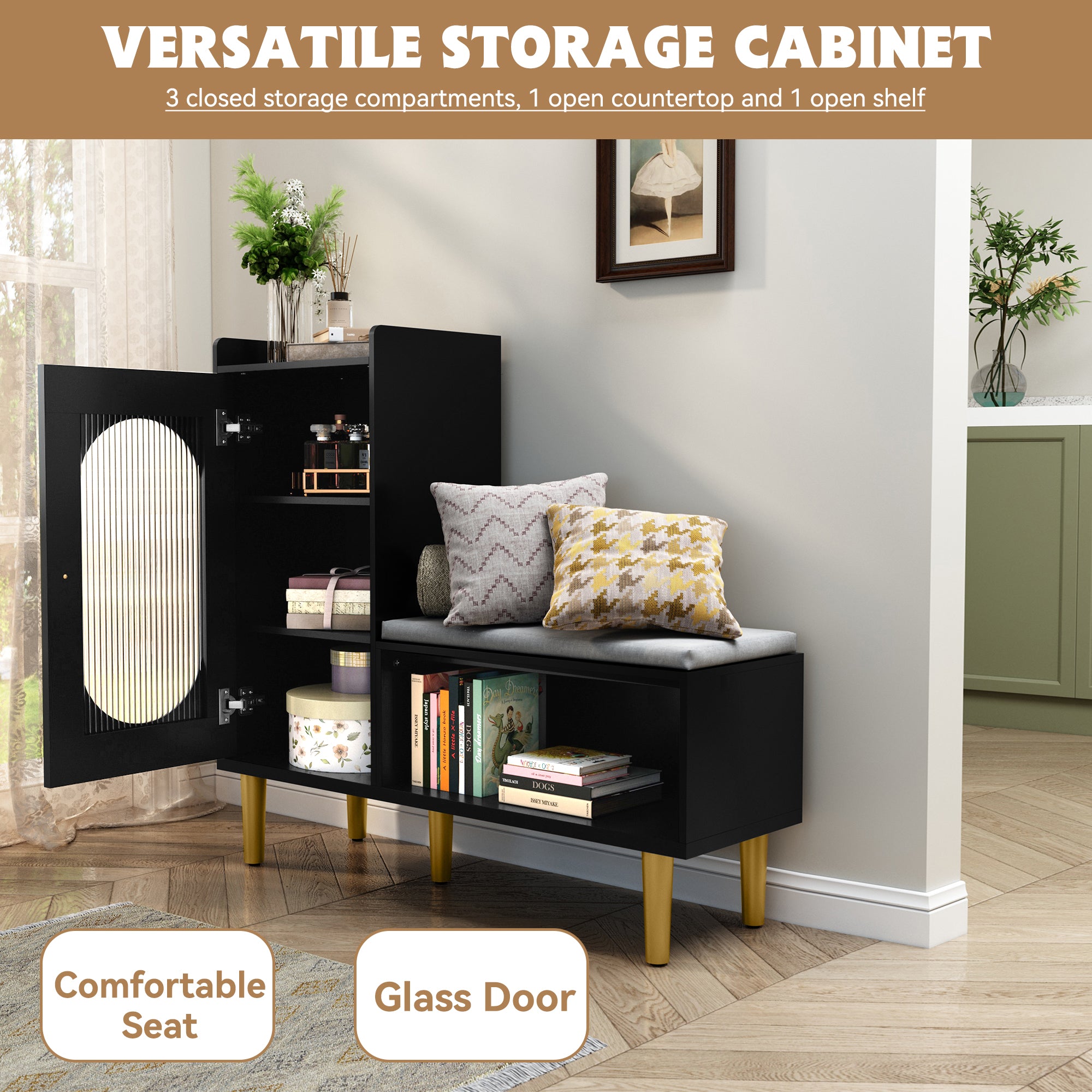 CBJCBJ Modern Storage Bench with Glass Door & Shelf - L-Shaped Entryway Cabinet, Padded Seat for Hallway/Bedroom/Office, Black