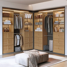 HLR Open Wardrobe Closet System with Adjustable Hanging Rods, Storage Cabinet with Drawers and Shelves,Brown