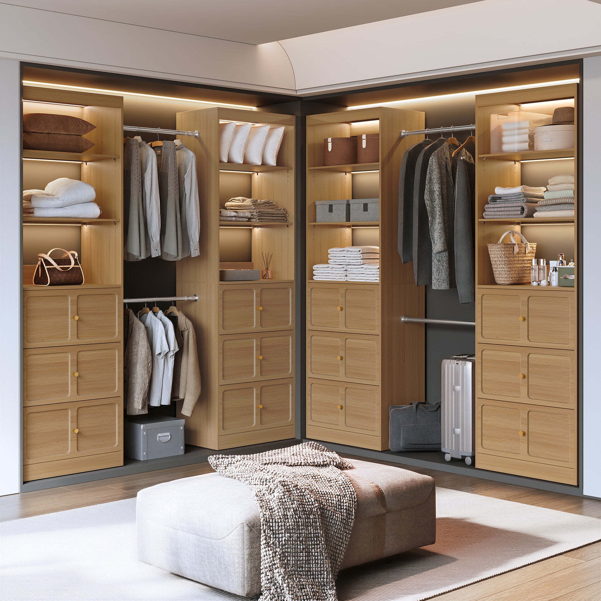 HLR Open Wardrobe Closet System with Adjustable Hanging Rods, Storage Cabinet with Drawers and Shelves,Brown