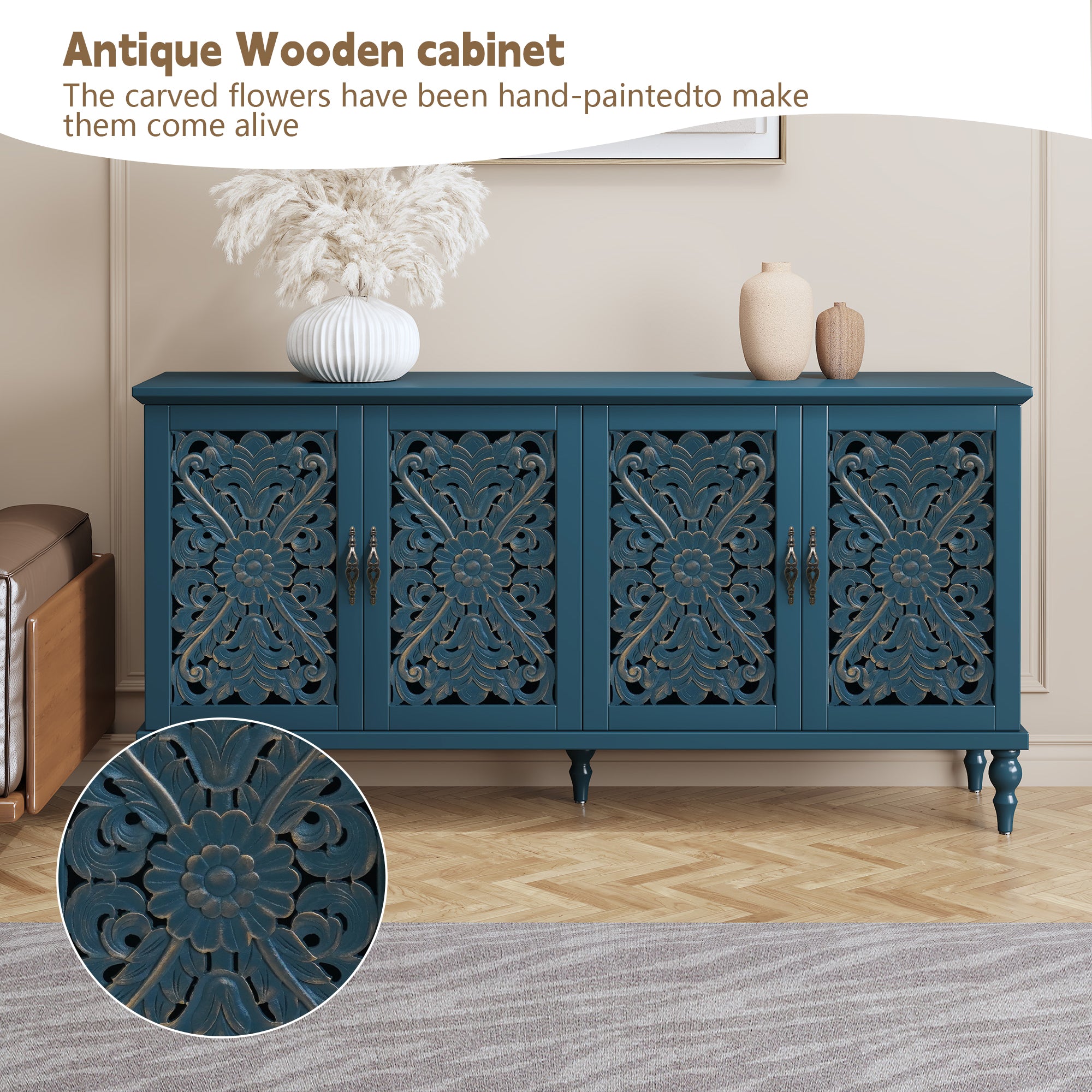 HLR 62'' Mid Century Vintage Sideboards Buffets Cabinet with 4 Doors Storage for Kitchen Dining, Blue