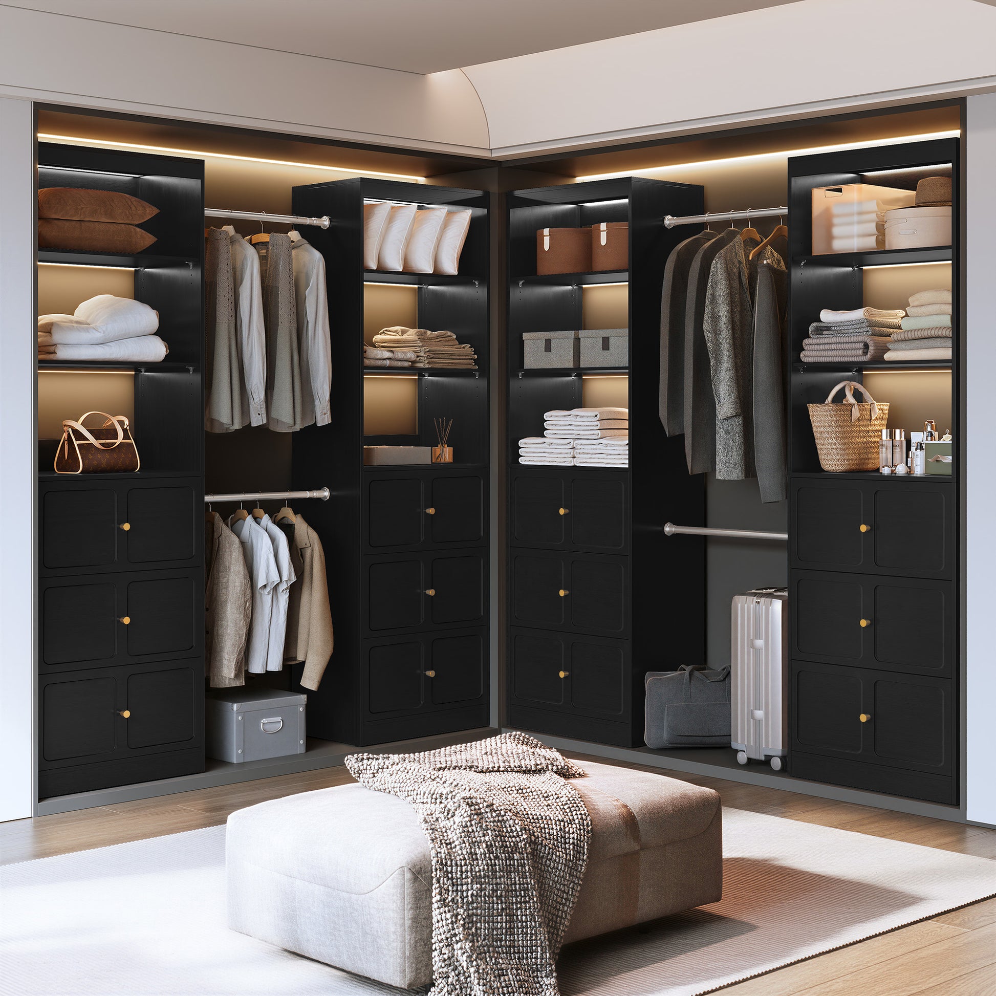 HLR Open Wardrobe Closet System with Adjustable Hanging Rods, Storage Cabinet with Drawers and Shelves, Black