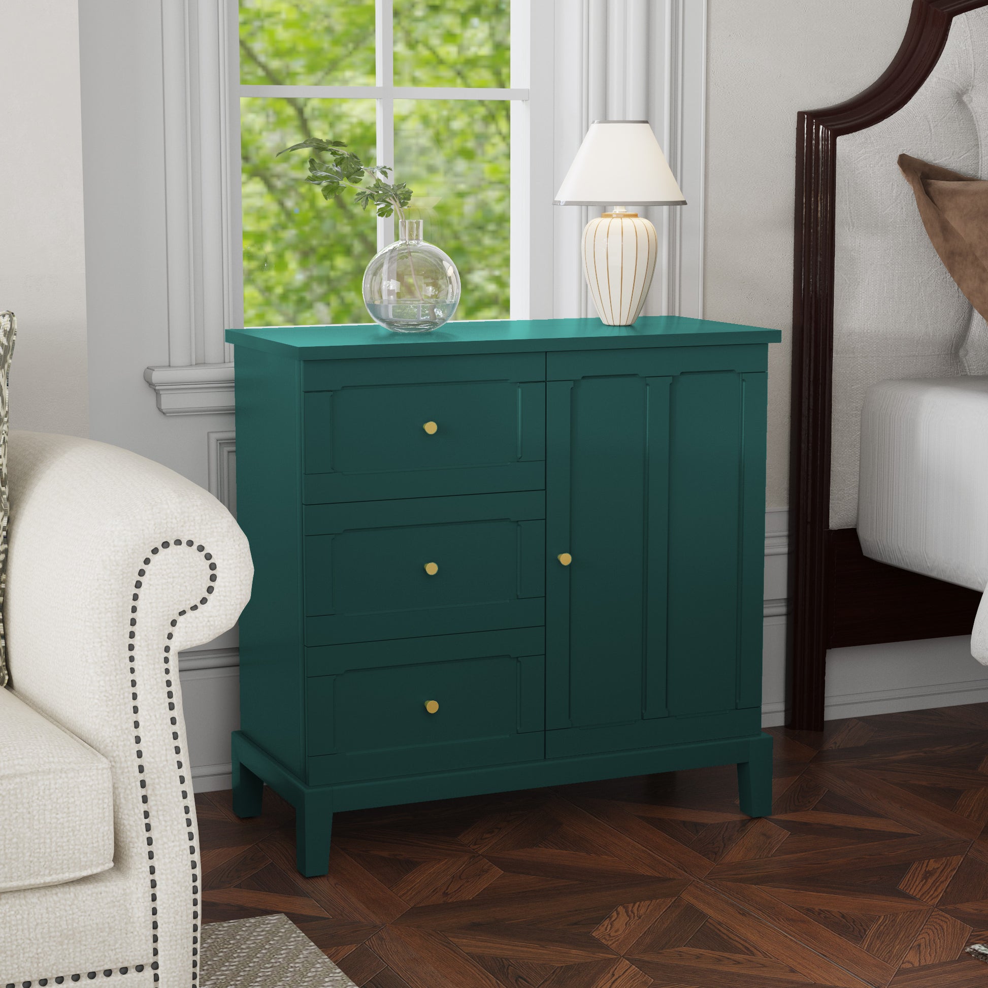 HLR Modern 32" Accent Cabinet 3 Drawers & Door, Wood Sideboard with Storage for Living Room, Green