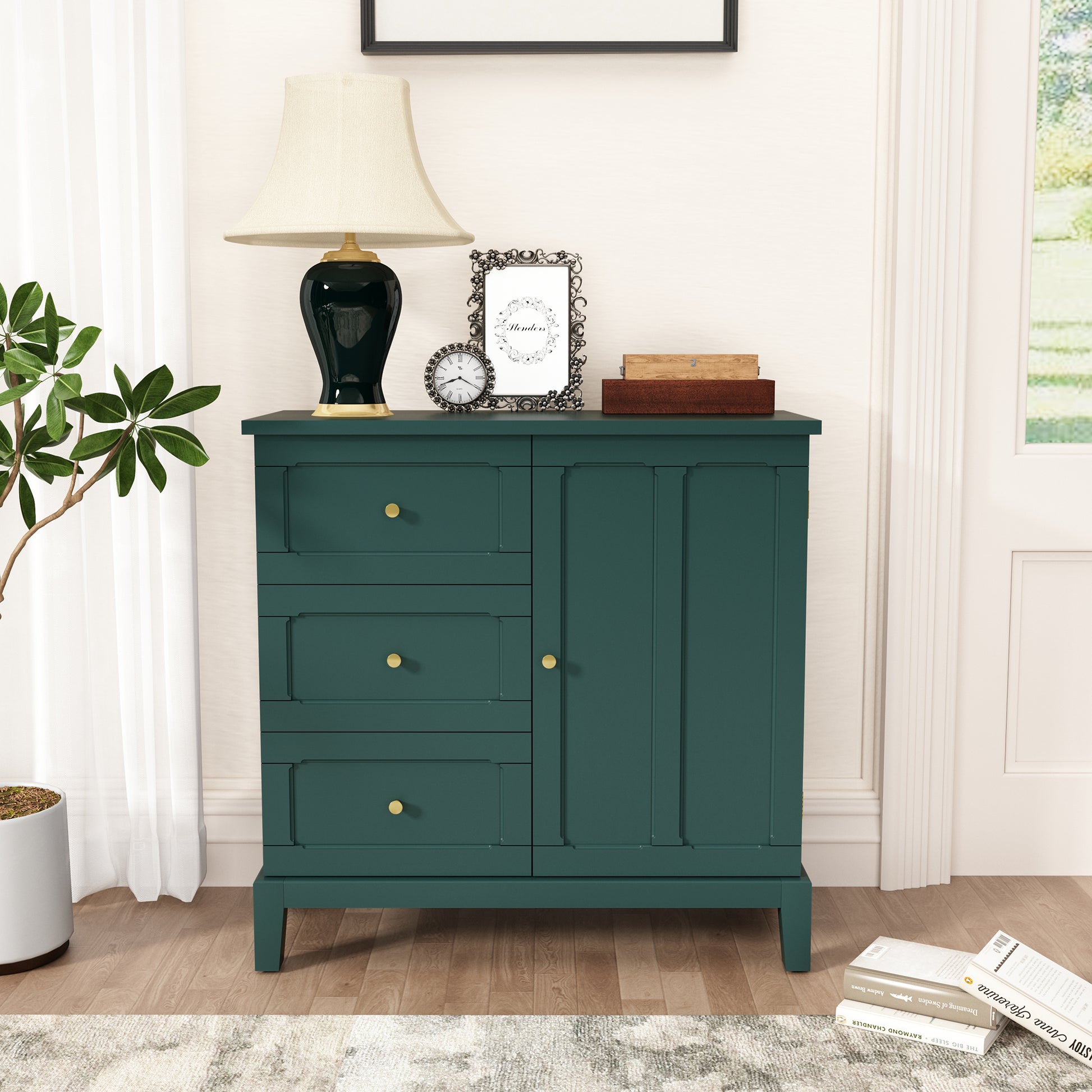 CBJCBJ 31.7"Storage Cabinet, Classical 3 Drawers & 1 Door Design with Gold-Tone Handles, Multi-Use Organizer for Living Room, Kitchen, Bathroom