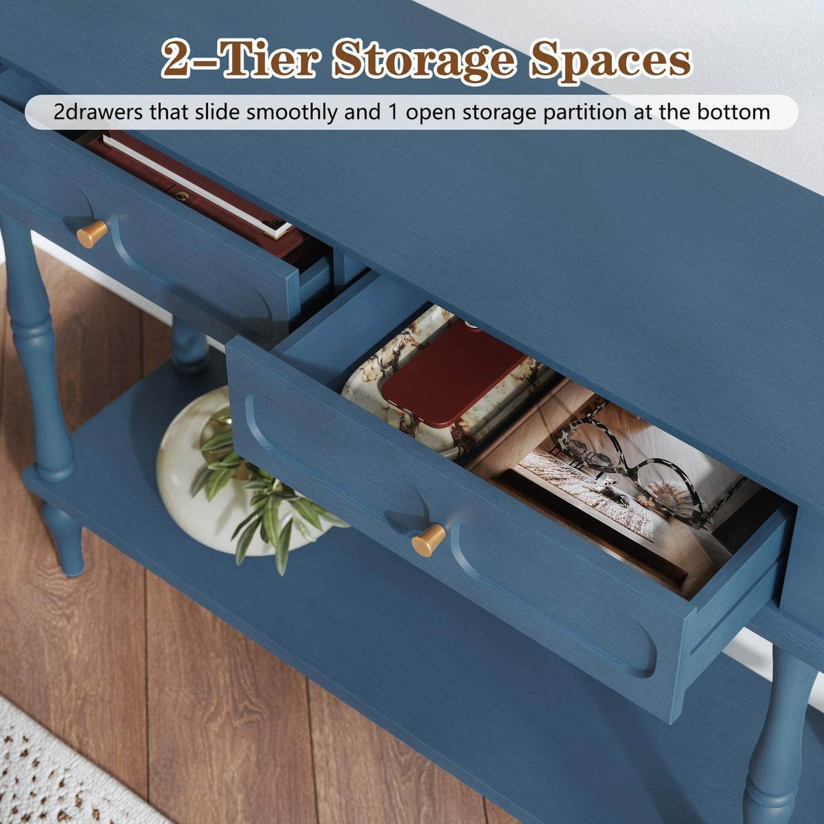 HLR 41" Mid Century Console Tables, Entryway Tables with 2 Drawers, 10 Mins Assembly, Blue
