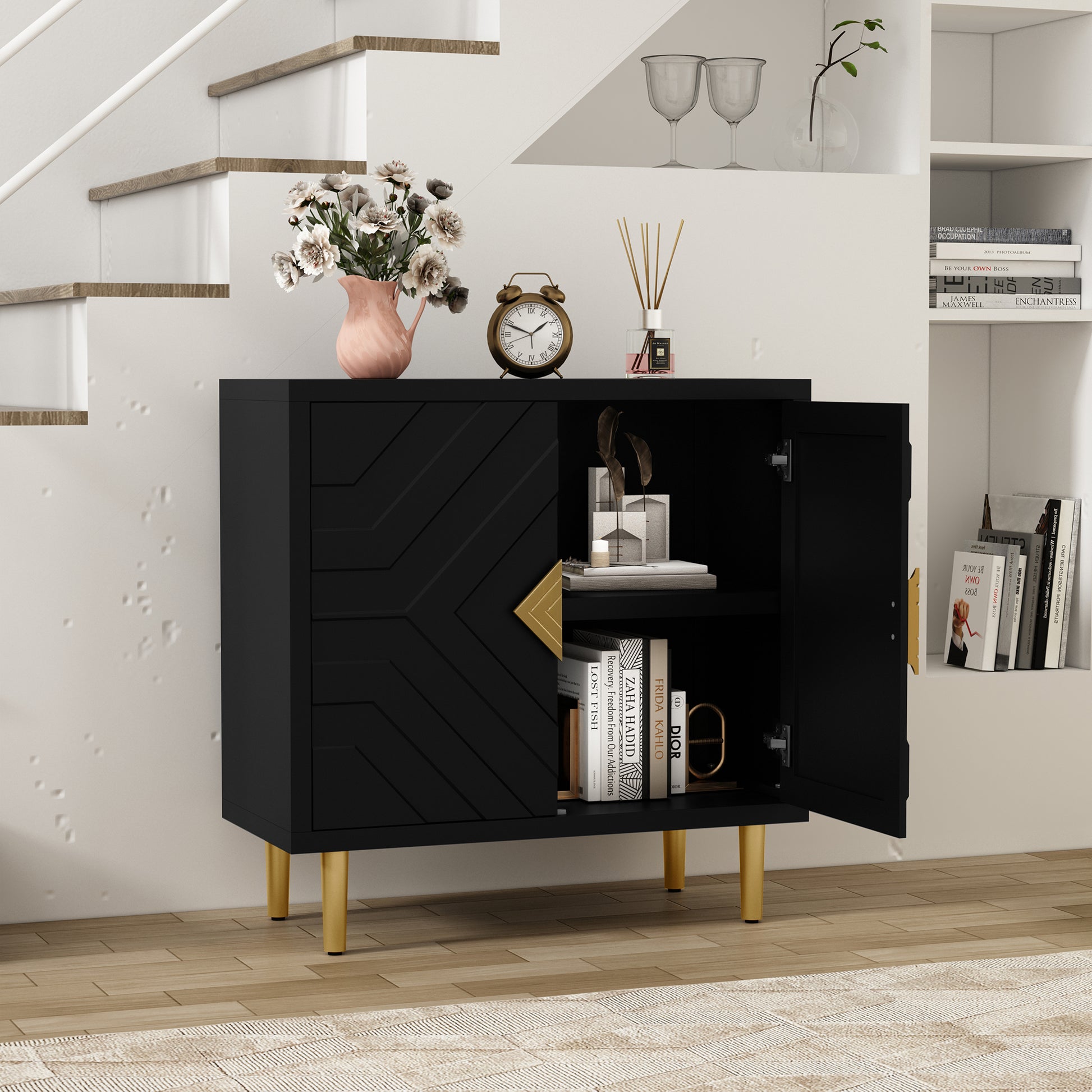 CBJCBJ 31.7" Modern Accent Sideboard Buffet Cabinet with 2 Doors & Shelves, Credenza for Living Room Storage, Black
