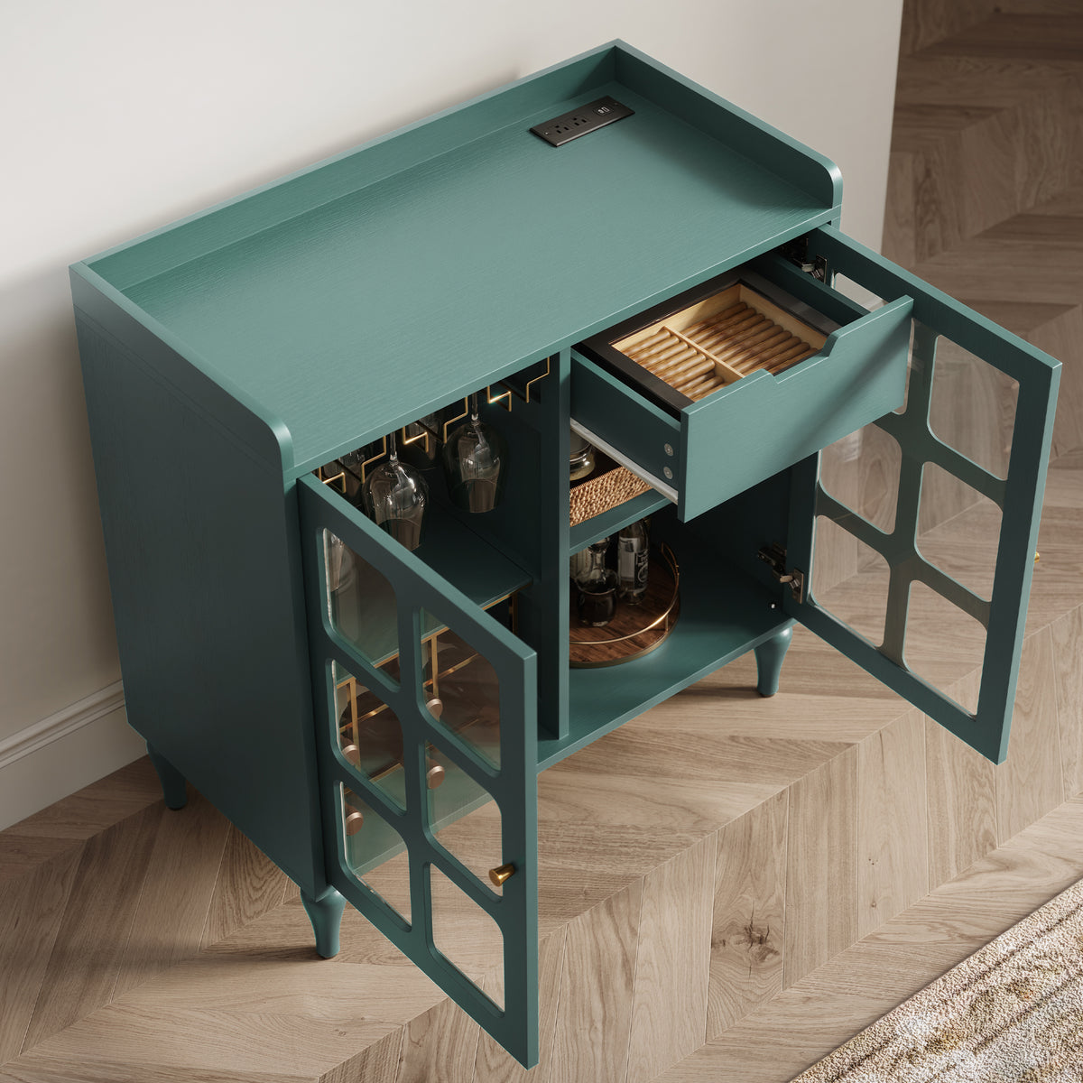 CBJCBJ Modern Wine Cabinet with Power Outlet and Glass Doors Sideboard Storage for Dining and Living Room,Green