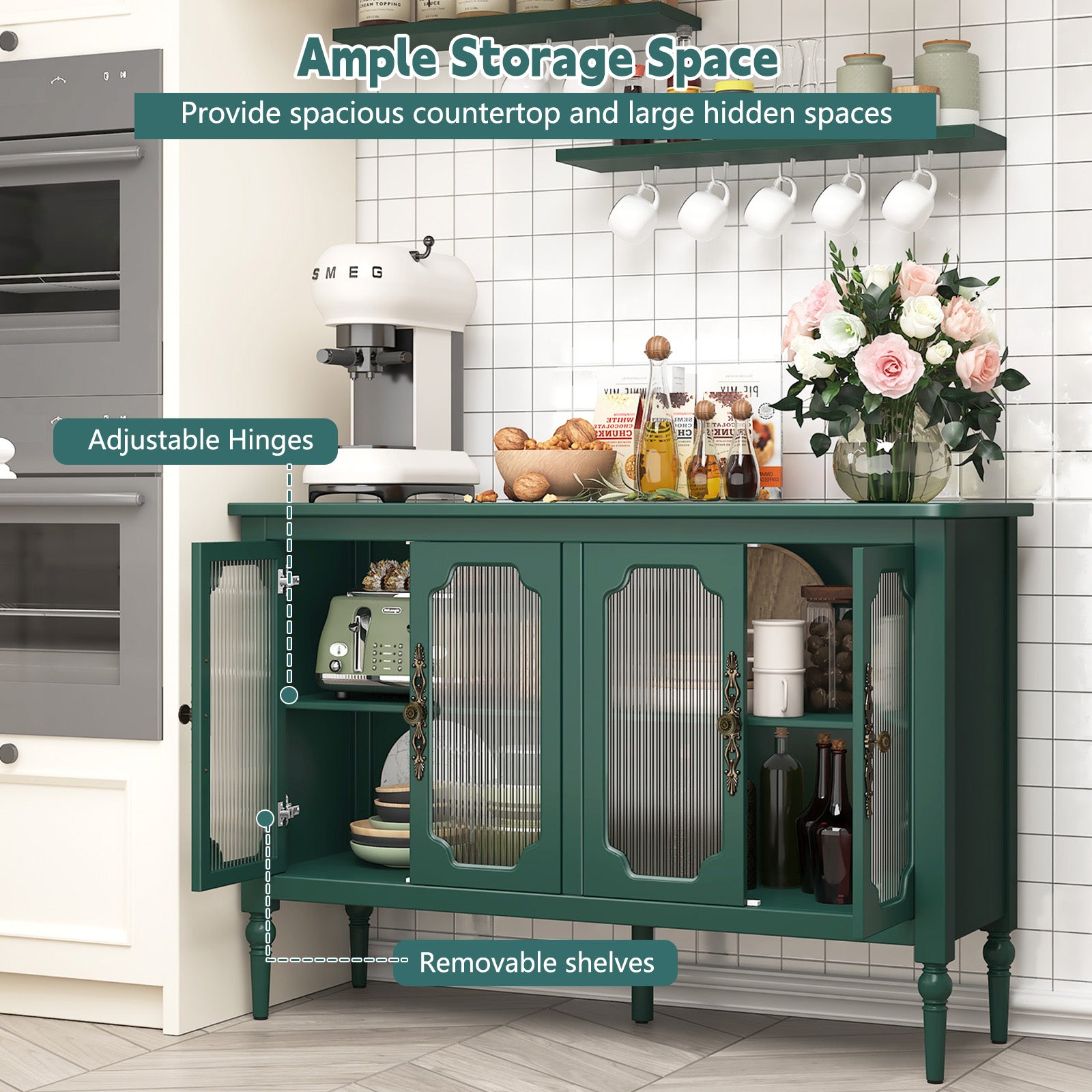 CBJCBJ 47" Retro 4 Door Buffet & Bar Cabinet, Sideboard Storage Cabinet for Dining Room, Green