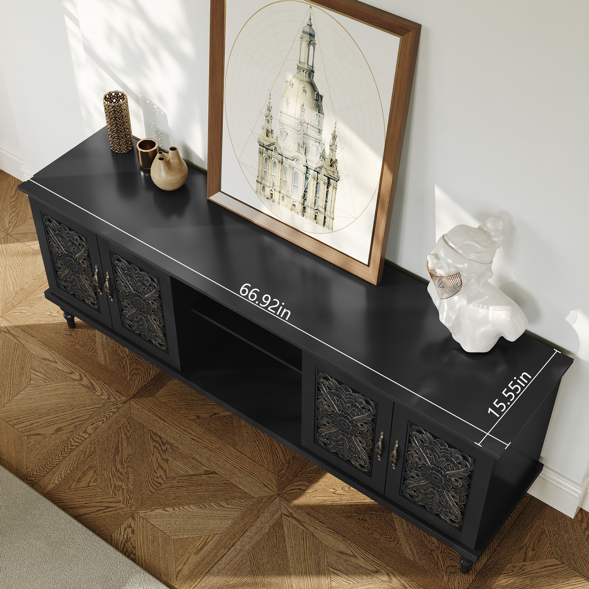 CBJCBJ Retro 67" TV Stand for TVs up to 75", Living Room Entertainment Center with 4 Door Storage Cabinet,Black