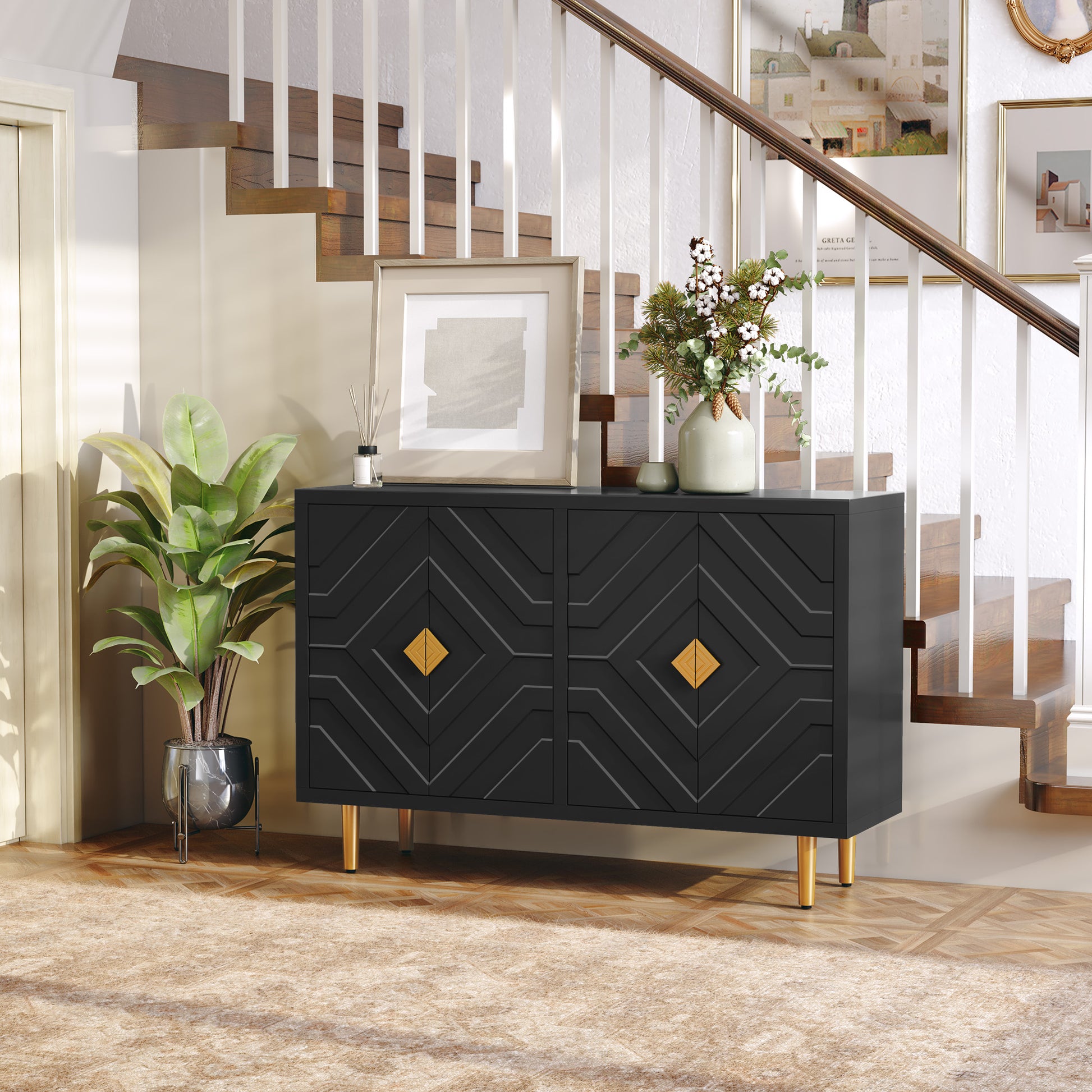HLR Black 48" Modern Accent Sideboard Buffet Cabinet with 4 Doors Storage & Shelves for Kitchen