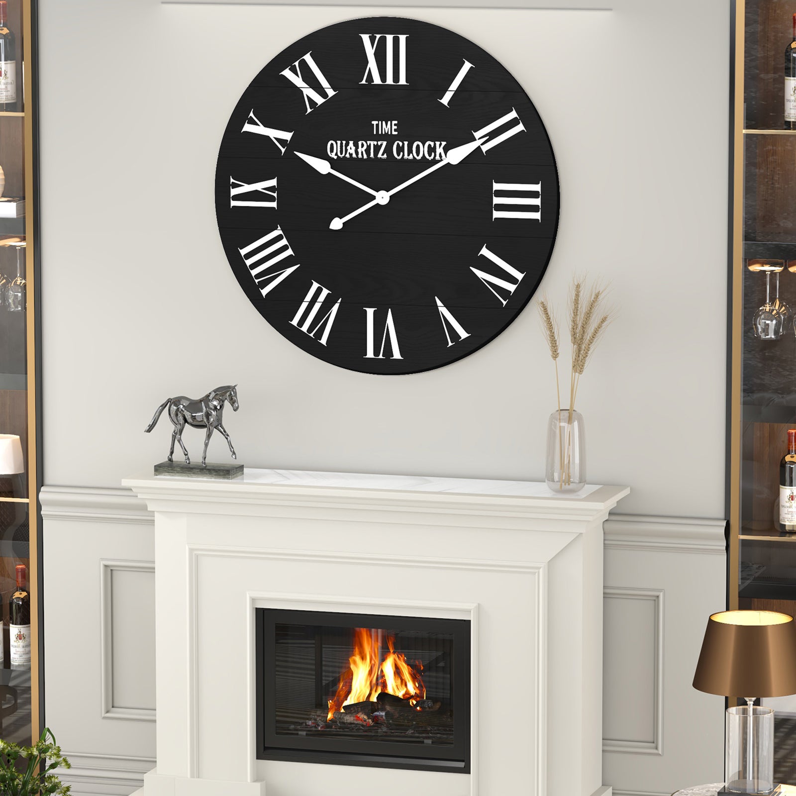 HLR 35.5” Farmhouse Large Shiplap Round Wall Clock with Roman Numeral for Living Room Decor, Black