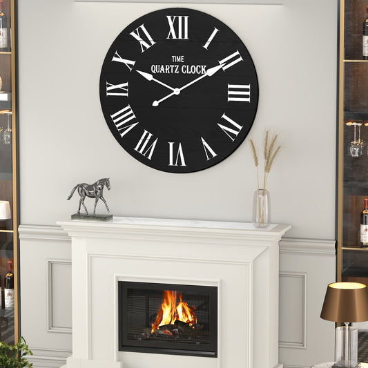 HLR 35.5” Farmhouse Large Shiplap Round Wall Clock with Roman Numeral for Living Room Decor, Black