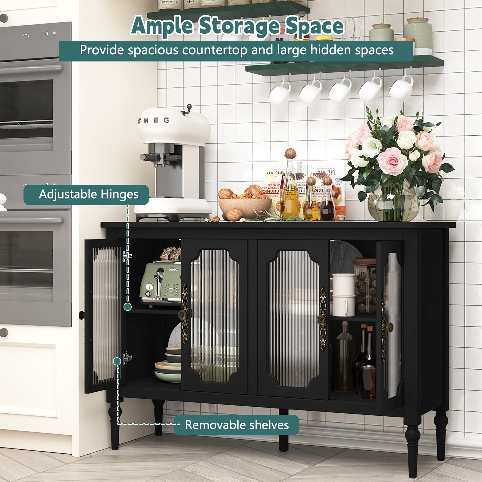 CBJCBJ 47" Retro 4 Door Buffet & Bar Cabinet, Sideboard Storage Cabinet for Dining Room, Black