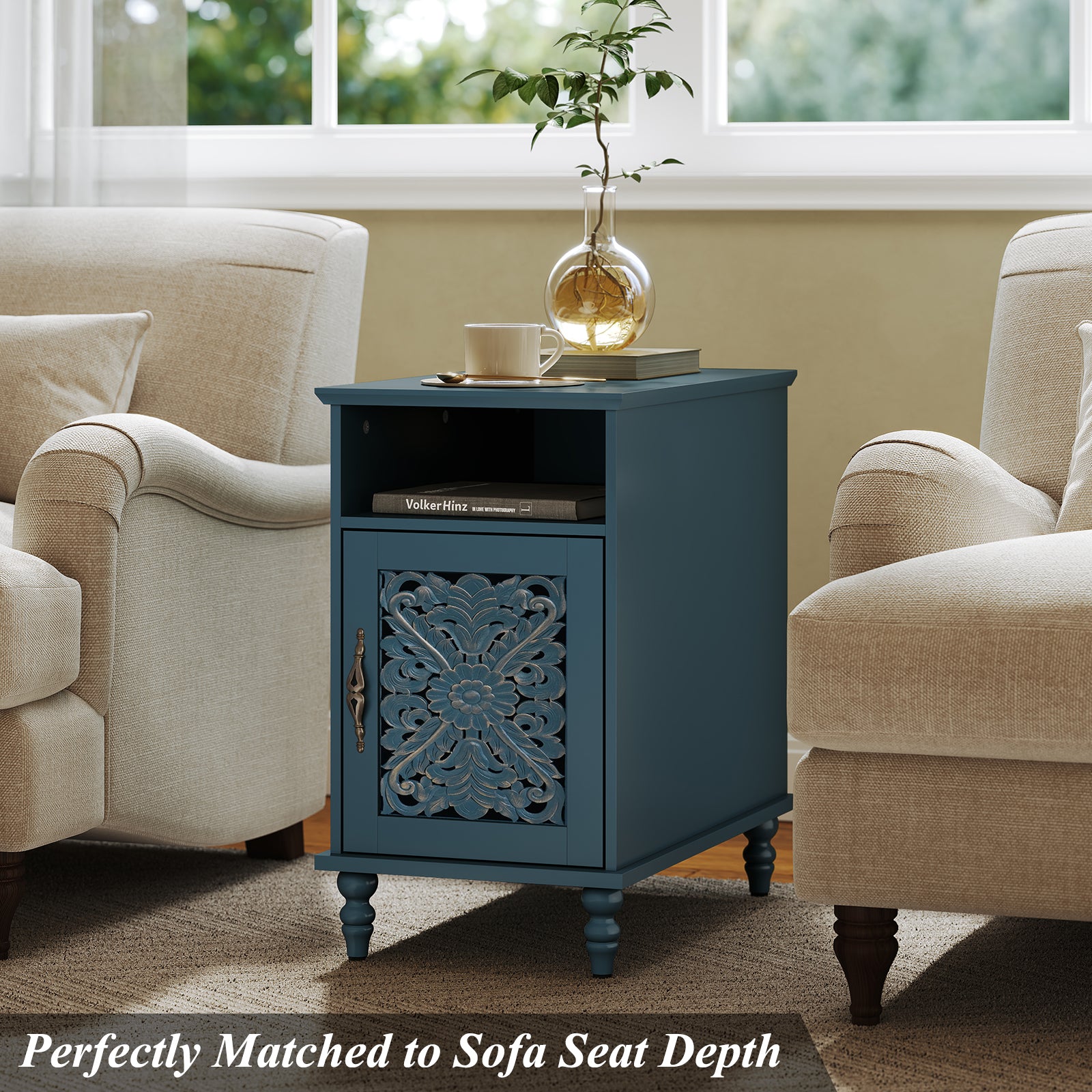 HLR 13.77" Nightstand with Charging Station, Modern Navy Blue End / BedSide Table for Living Room