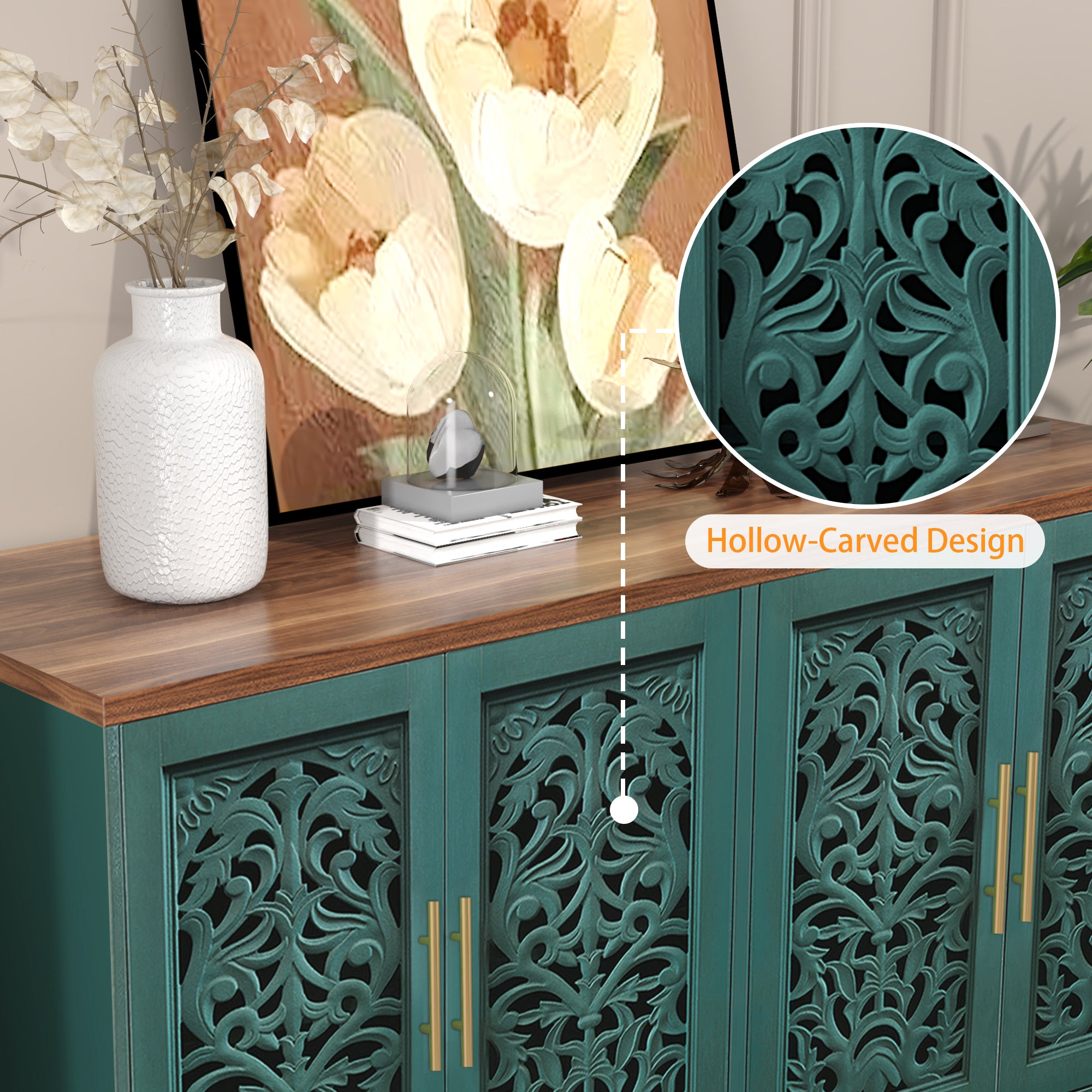 HLR 48" Accent Cabinet with 4 Doors, Vintage Hollow Carving Storage Credenza, Sideboards and Buffets Cabinet for Living Room, Kitchen, Dining Room, Entryway