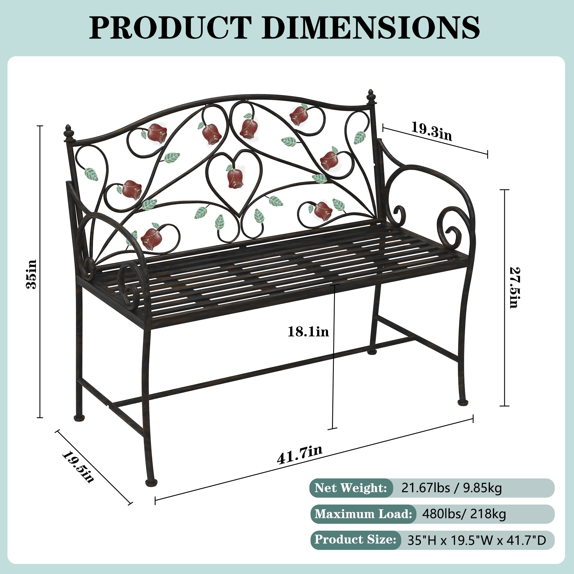 CBJCBJ 42" Waterproof Outdoor Bench ,Indoor Entryway Stools with Metal Rose Design, for Gardens/ Lawns,Black