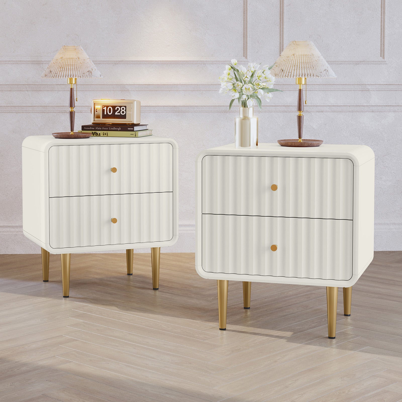 CBJCBJ Modern Bedroom Nightstand Set of 2, 20" Wood Bedside Table with 2 Drawers and Gold Handles, White