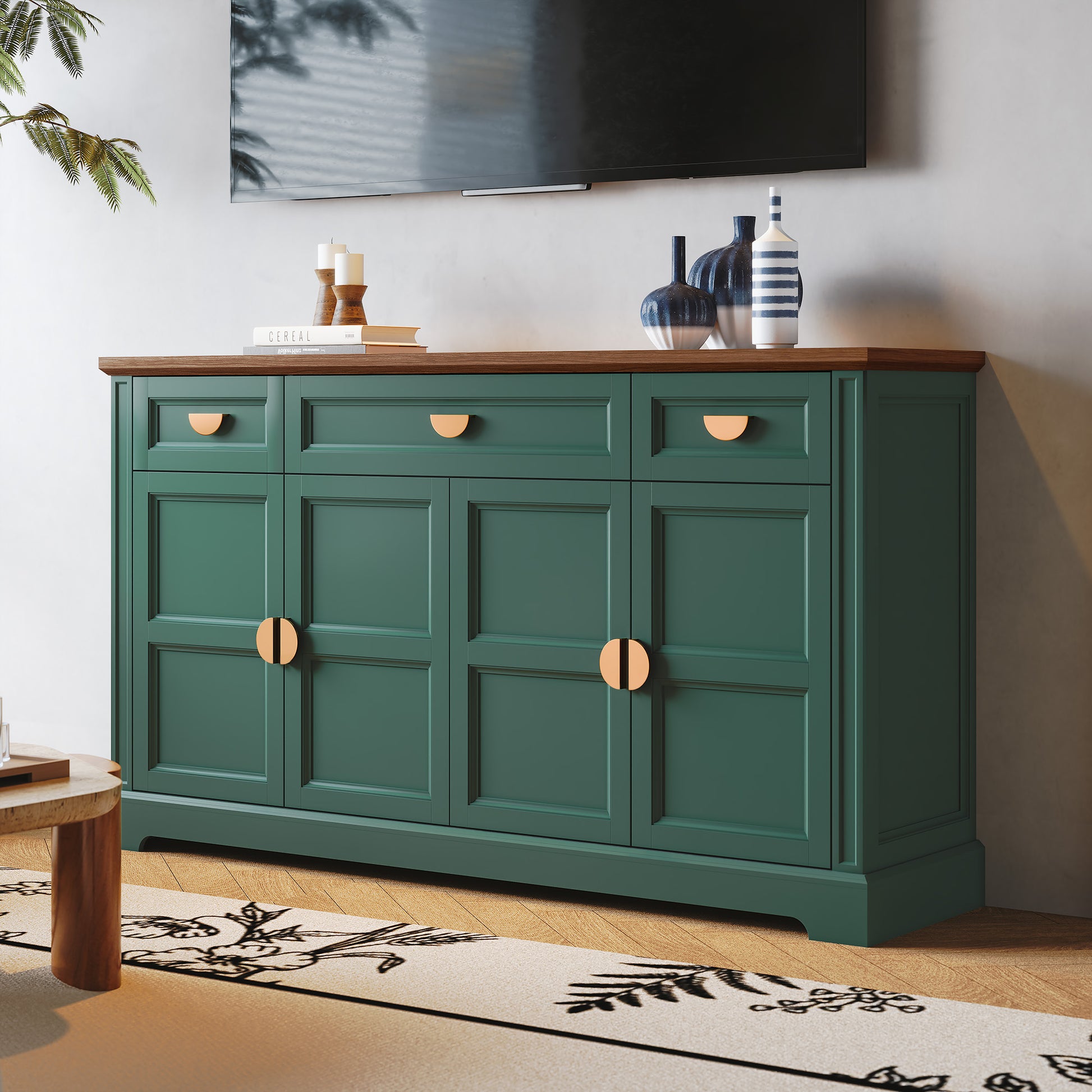 CBJCBJ Modern 60" Large Sideboard Storage Cabinet with Drawers, Farmhouse Wooden Coffee Bar, Green