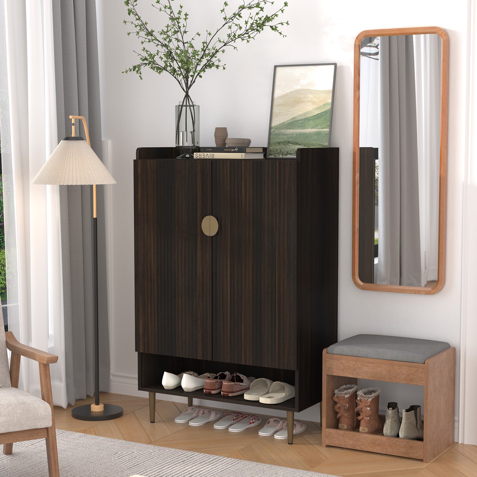 HLR Modern Wooden Shoe Storage Cabinet with 6-Tier Adjustable Shelves, Freestanding Shoe Organizer with Doors for Hallway, Brown