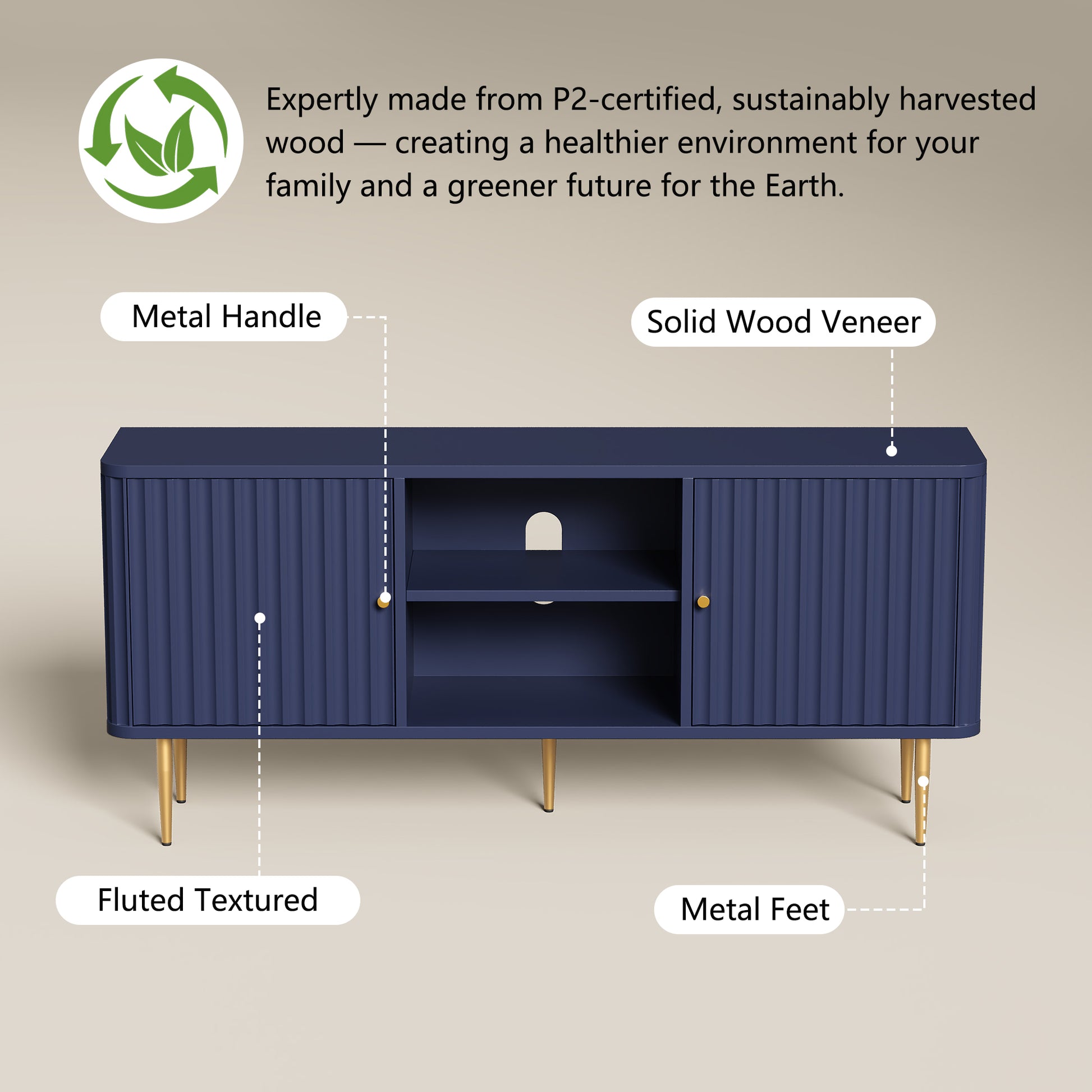CBJCBJ Modern Fluted 55" TV Stand for 65" TV with Storage, Entertainment Center for Living Room, Blue