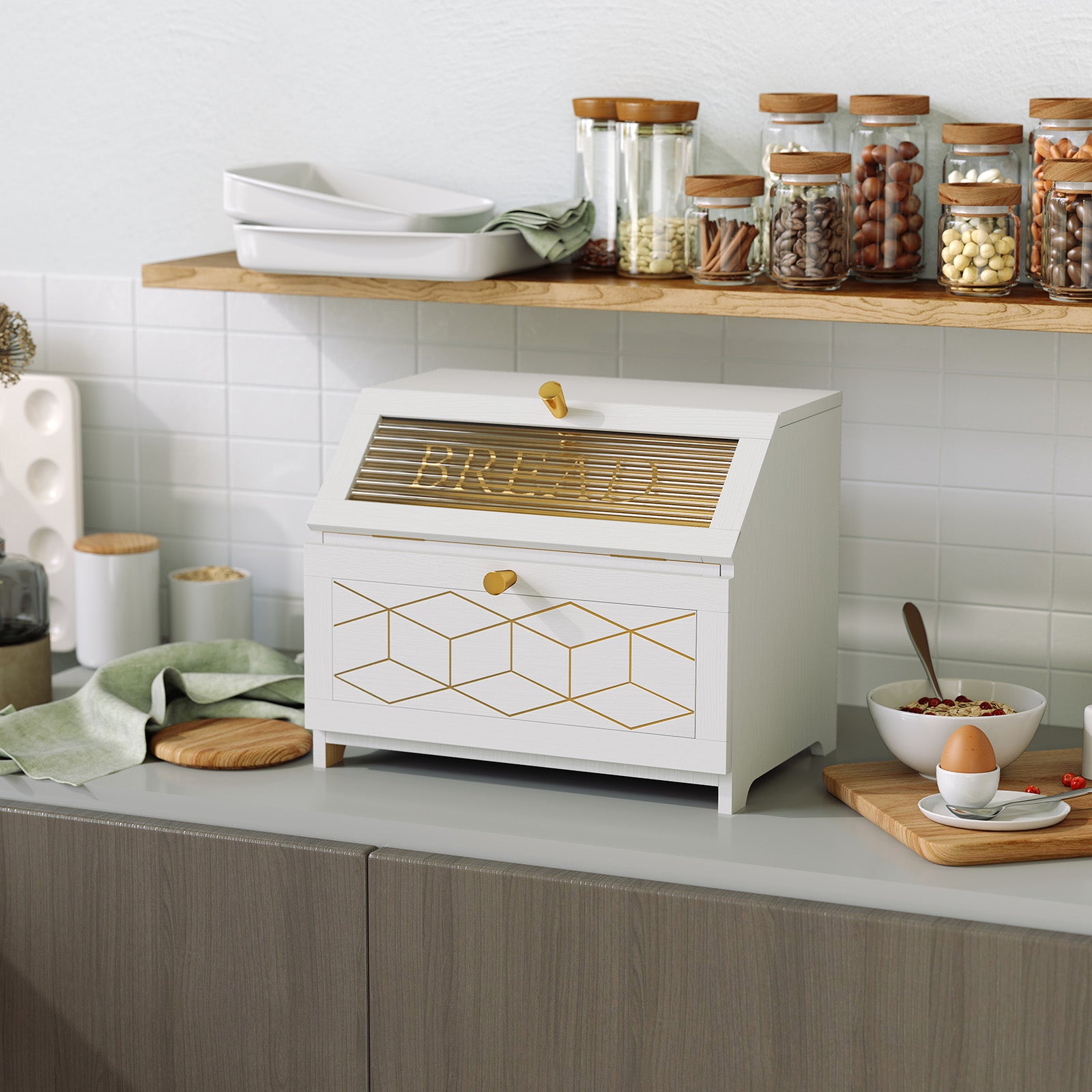 CBJCBJ 15.1" Gold-Trimmed Wooden Bread Box, Double Layer Kitchen Counter Organizer, Vintage Farmhouse Storage