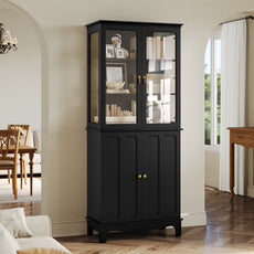 CBJCBJ Modern Bookcase with Storage, Display Cabinet with Glass Doors, Storage Cabinet with Adjustable Shelves,Black