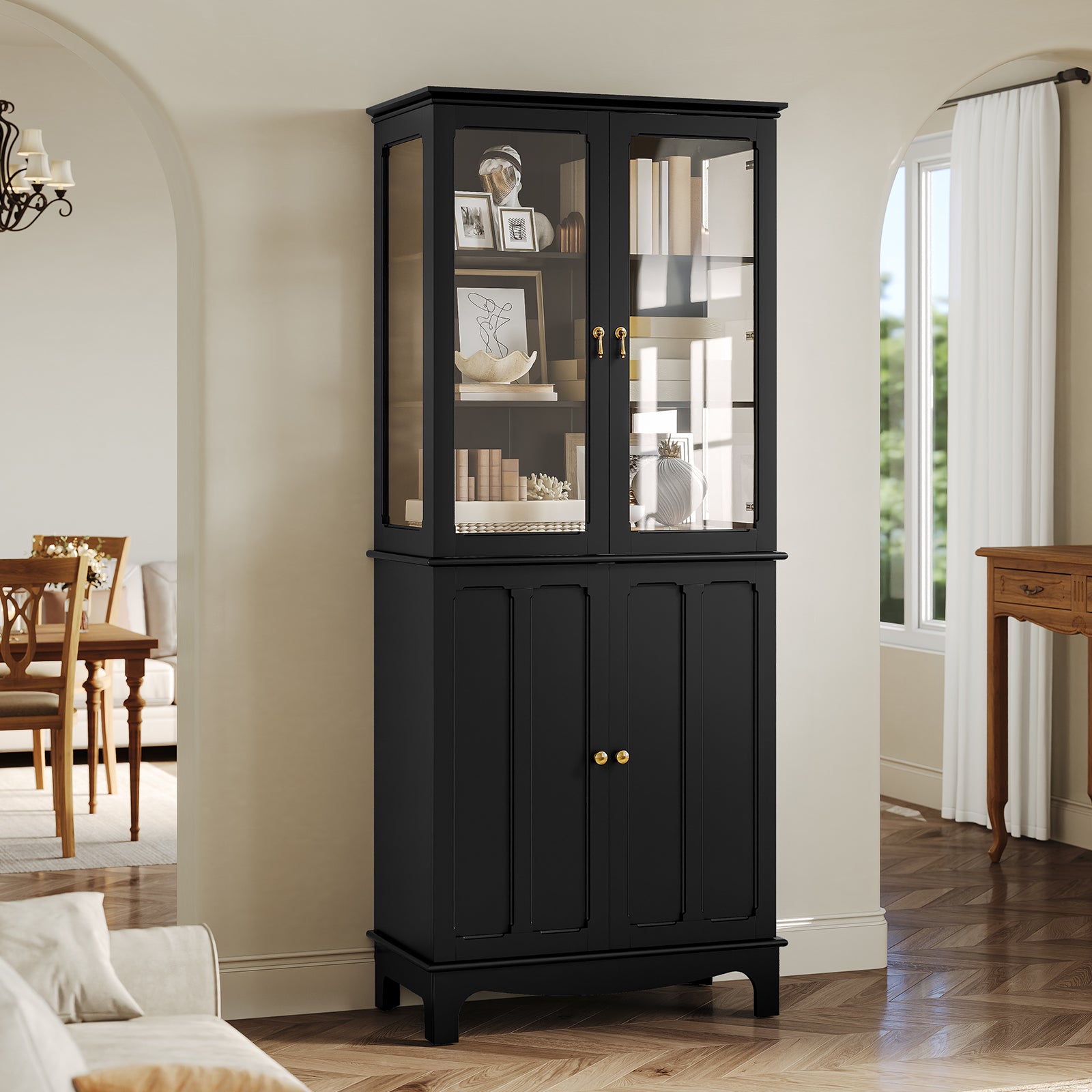 CBJCBJ Modern Bookcase with Storage, Display Cabinet with Glass Doors, Storage Cabinet with Adjustable Shelves,Black