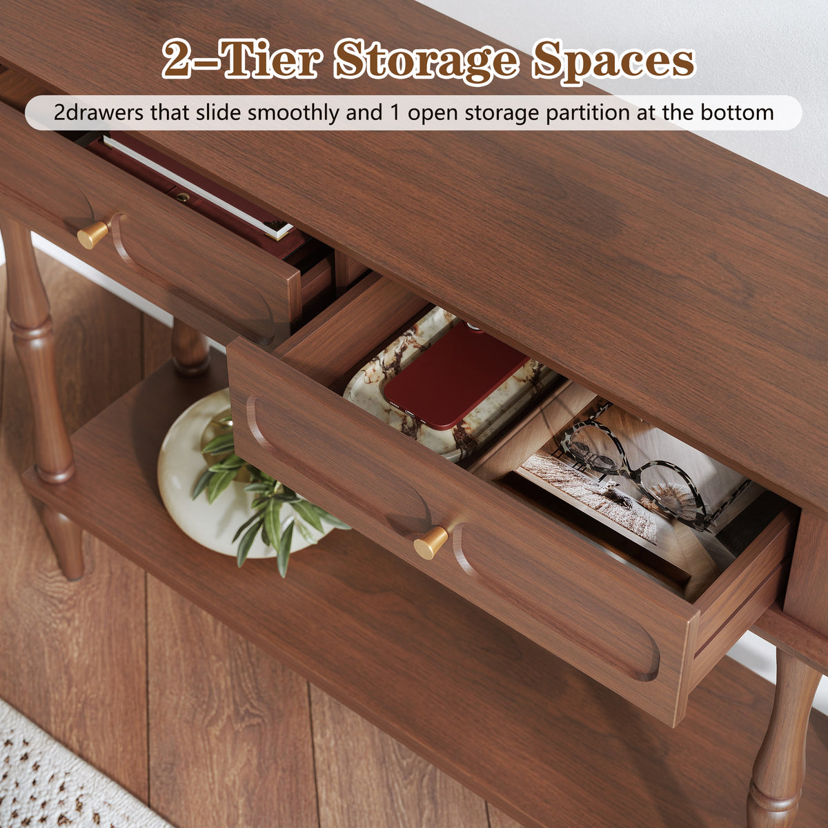 HLR 41" Mid Century Console Tables, Entryway Tables with 2 Drawers, 10 Mins Assembly, Brown