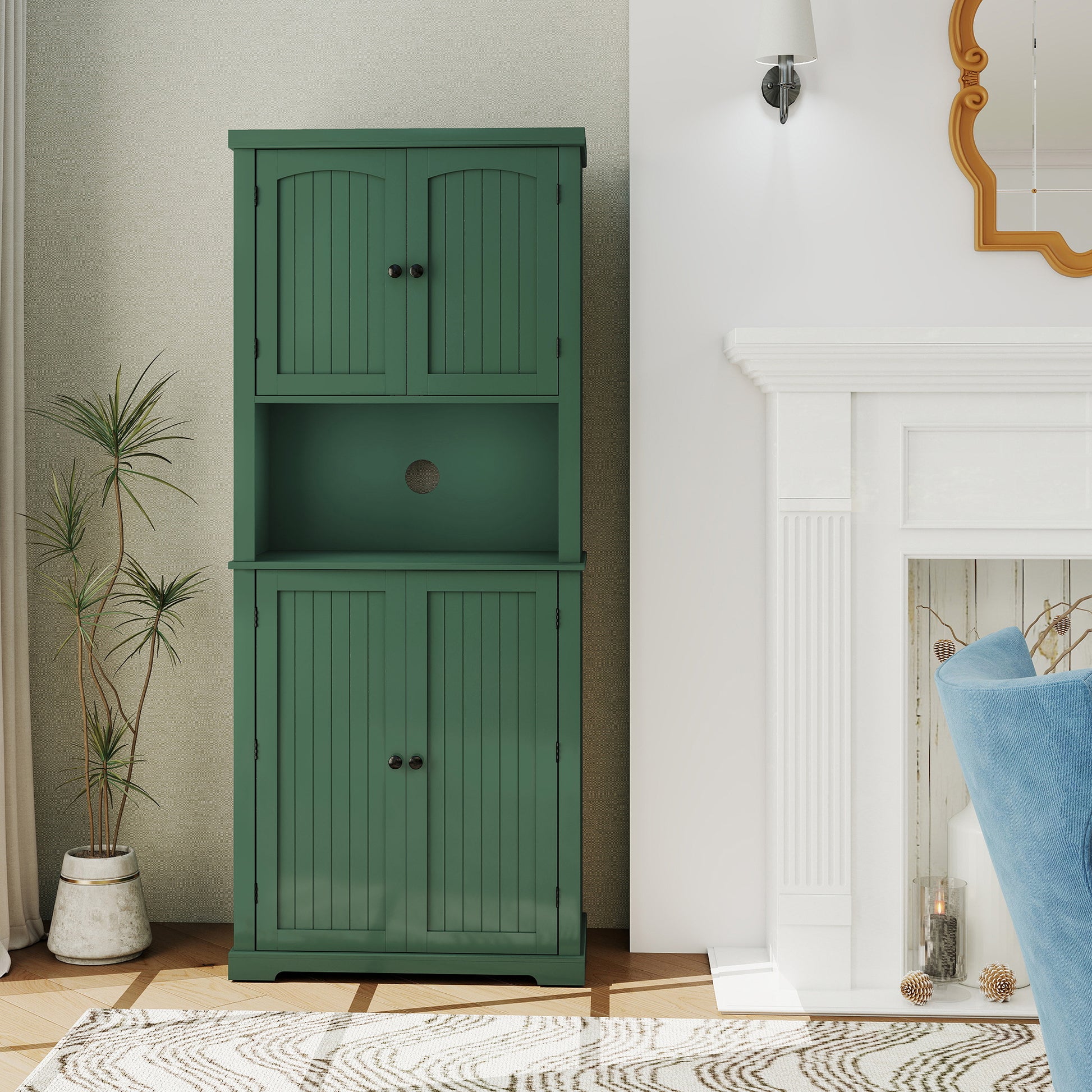 HLR 72" Kitchen Pantry Cabinet, Freestanding Pantry Storage Cabinet with Hutch & Shelves, Green