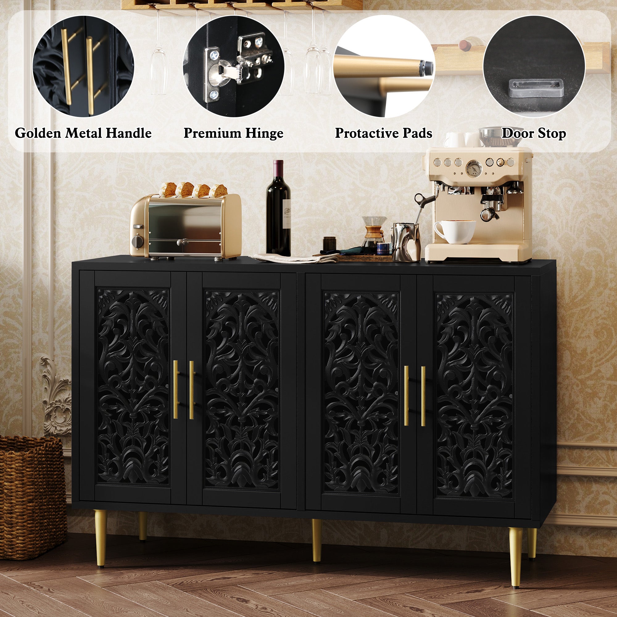 HLR 48" Accent Cabinet with 4 Doors, Vintage Hollow Carving Storage Credenza, Sideboards and Buffets Cabinet for Living Room, Kitchen, Dining Room, Entryway,Black