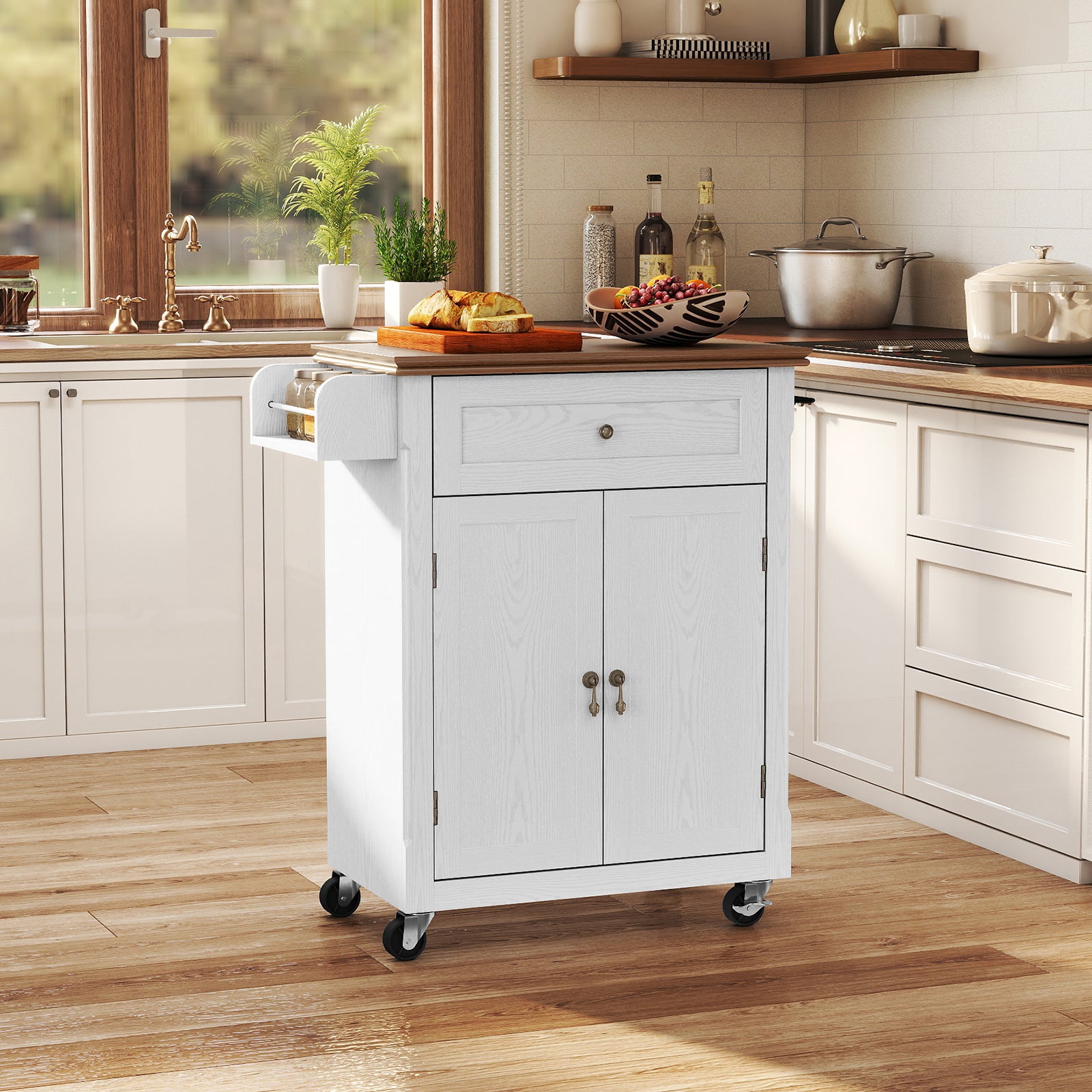 CBJCBJ Kitchen Islands Cart on Wheels with Storage, Wood Microwave Table with Drawers and Spice Box , for Dining Room,White