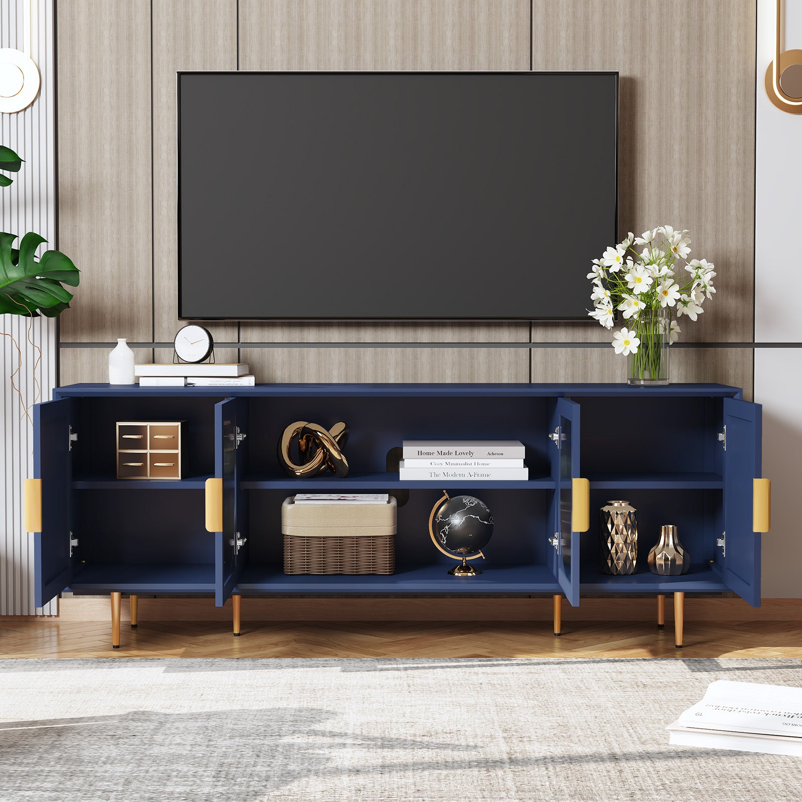 HLR Modern 66" TV Stand, for TVs up to 75", Living Room Entertainment Center with Glass Storage Cabinet, Blue