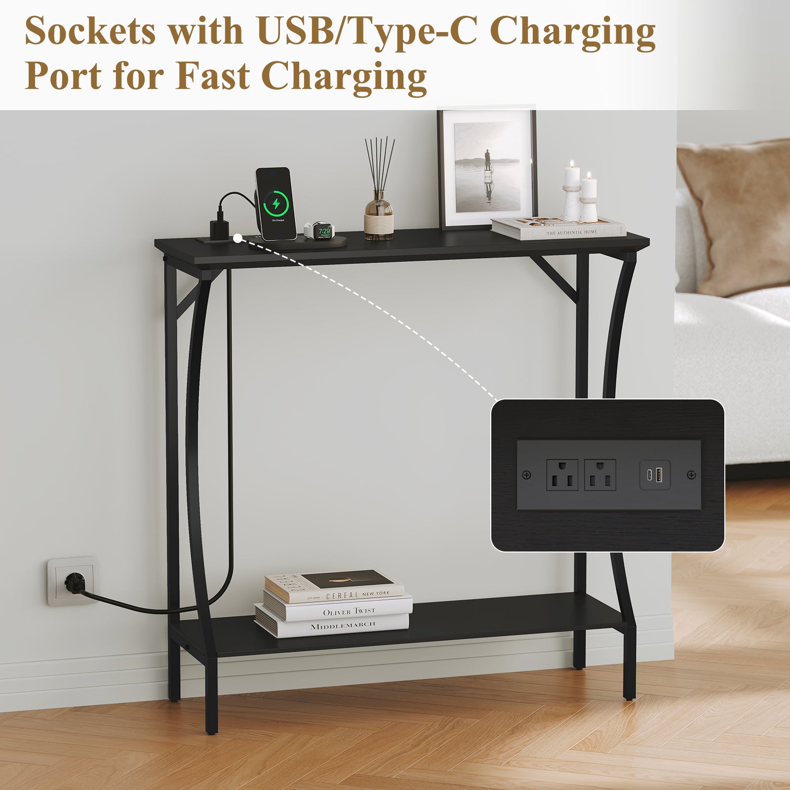 CBJCBJ Narrow Console Table with Charging Station, 2-Tier Simple Entryway Table for Living Room Hallway,Black