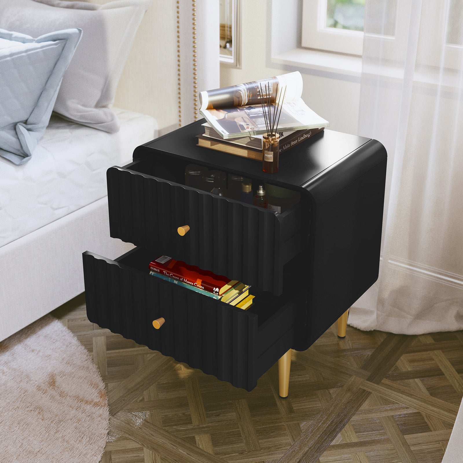 CBJCBJ 20" Modern Fluted Nightstand Set of 1, black Wood Bedside Table with 2 Drawers & Gold Metal Handles（Black）
