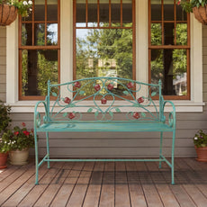 HLR Farmhouse Outdoor Bench with Rose Pattern, 41.7'' Metal Frame Patio Garden Chair Cast Iron, Light Blue
